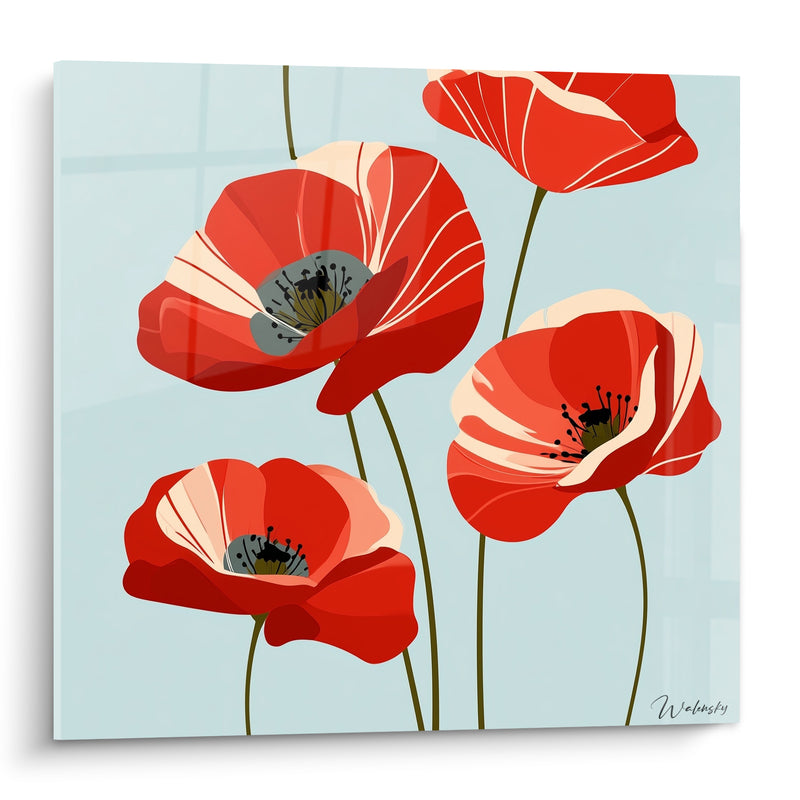 Tableau Coquelicots rouges et bleu pastel épanouis - Danse printanière - Edition Coquelicot