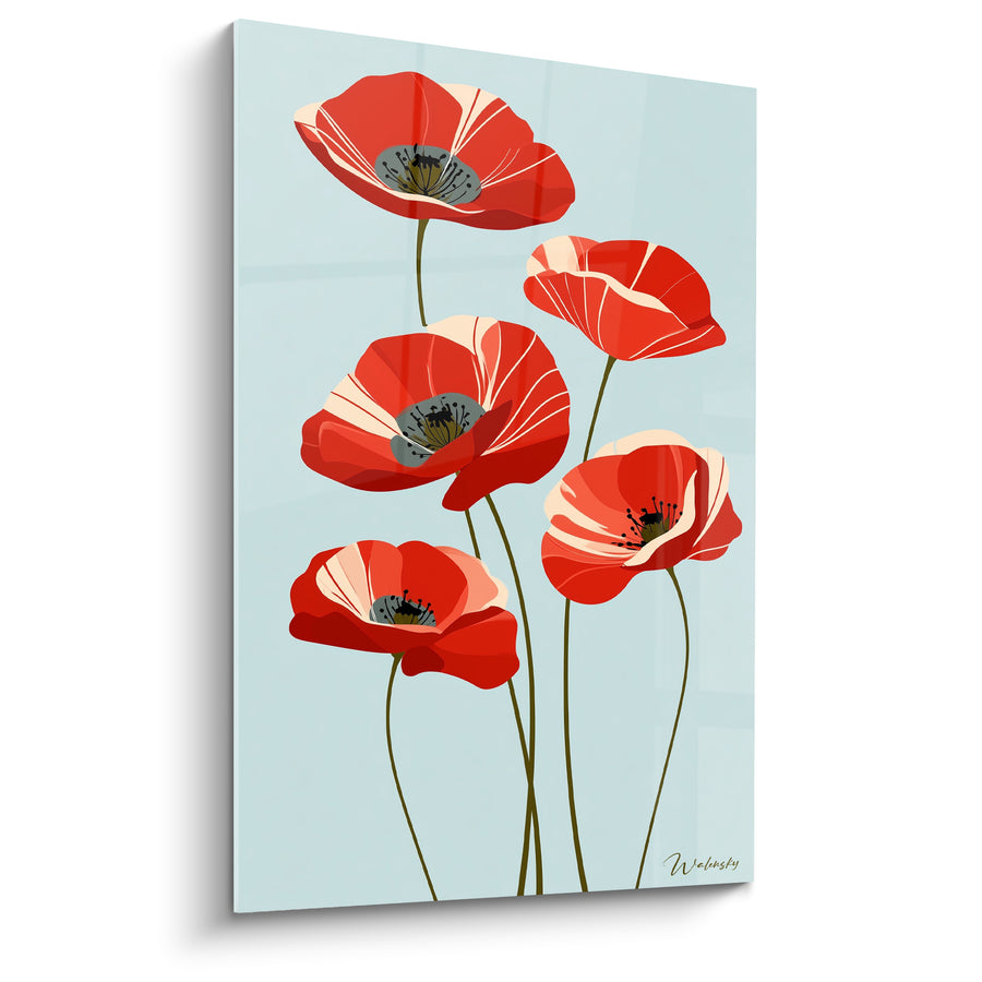 Tableau Coquelicots rouges et bleu ciel aux tiges olive - Cœurs gris étamines noires - Edition Coquelicot