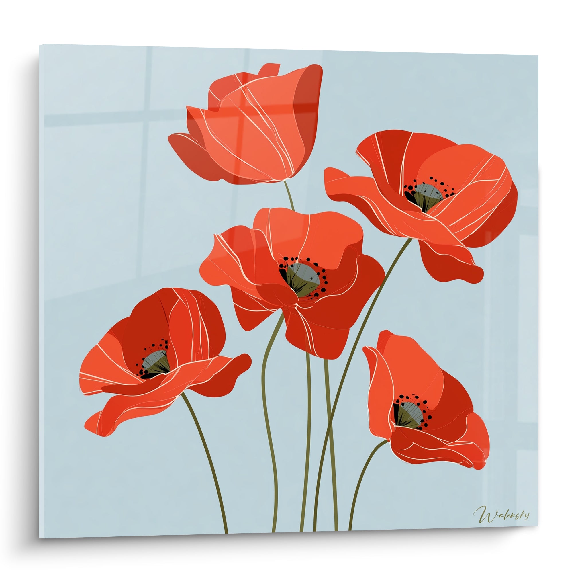 Coquelicot rouge vif aux pétales graphiques sur fond bleu pastel, style illustratif épuré