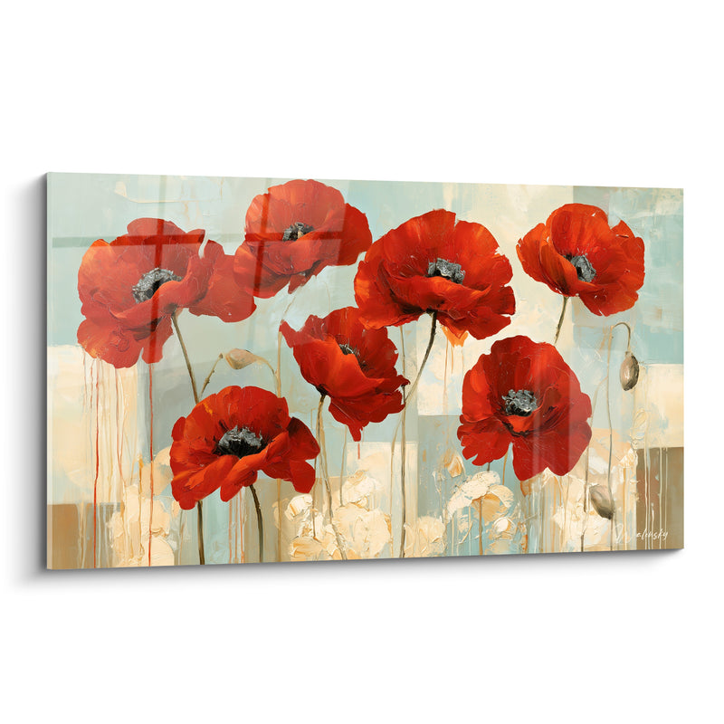 Tableau Coquelicots rouges et bleu céladon aux coulures fines - Blocs de couleur crème - Edition Coquelicot