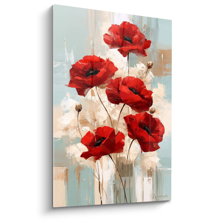 Leinwand Rote Mohnblumen und gestreiftes Türkisblau - Runde braune Knöpfe - Edition Mohnblume