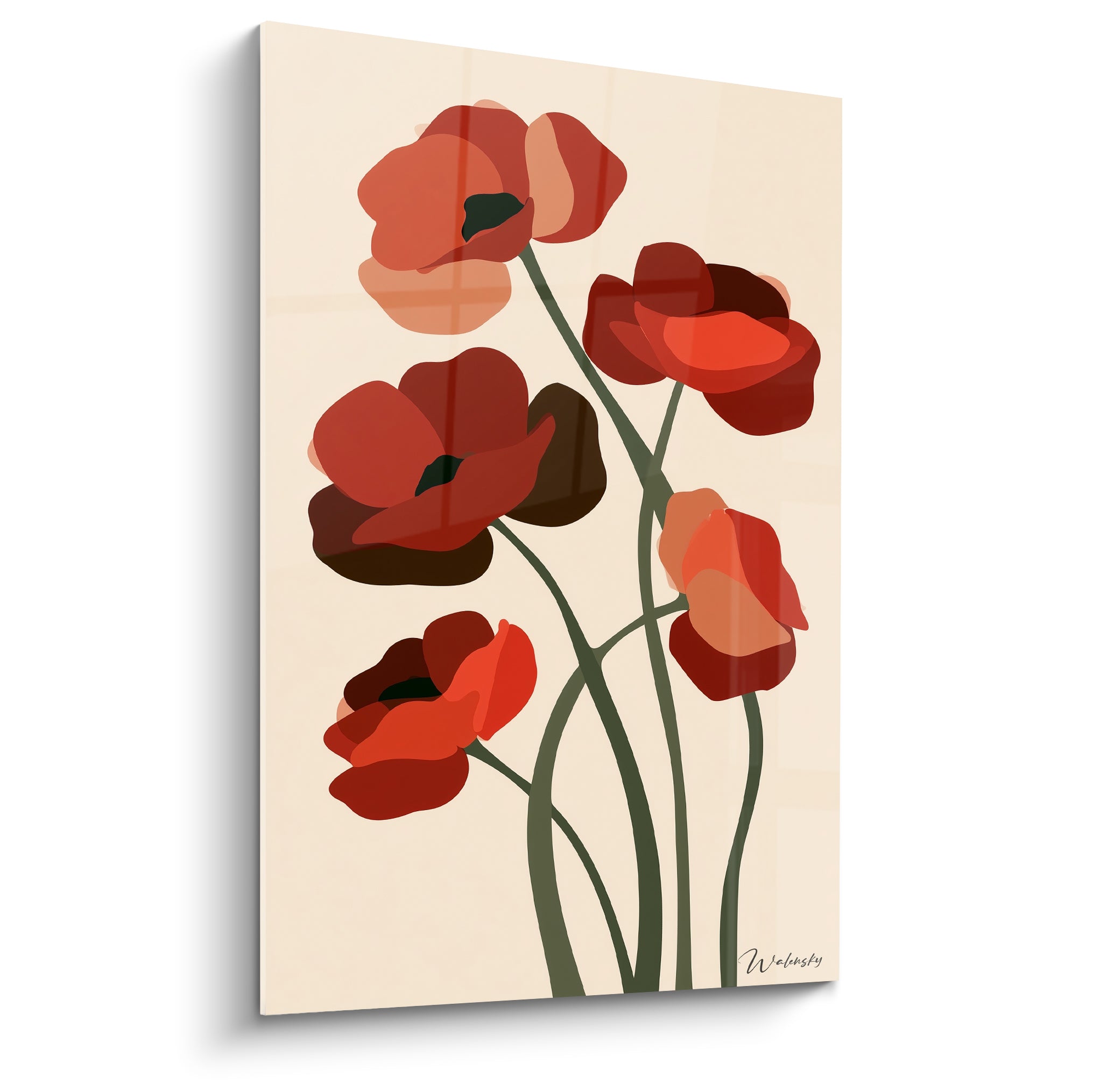 Coquelicots rouges et bordeaux aux pétales superposés sur fond ivoire, tiges vertes sinueuses graphiques