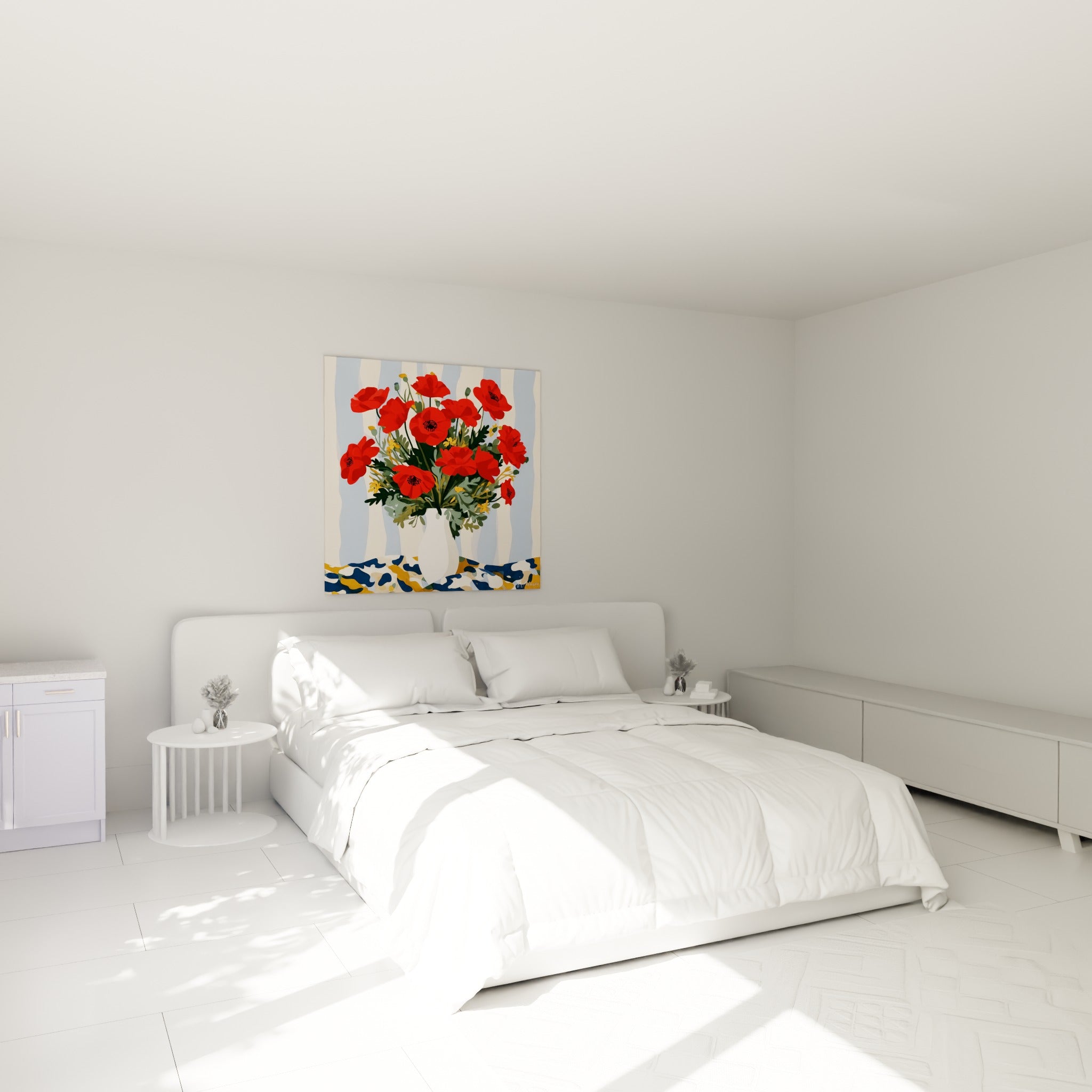Fleurs de coquelicot rouges et feuillage vert sauge au-dessus d'un lit dans une chambre claire