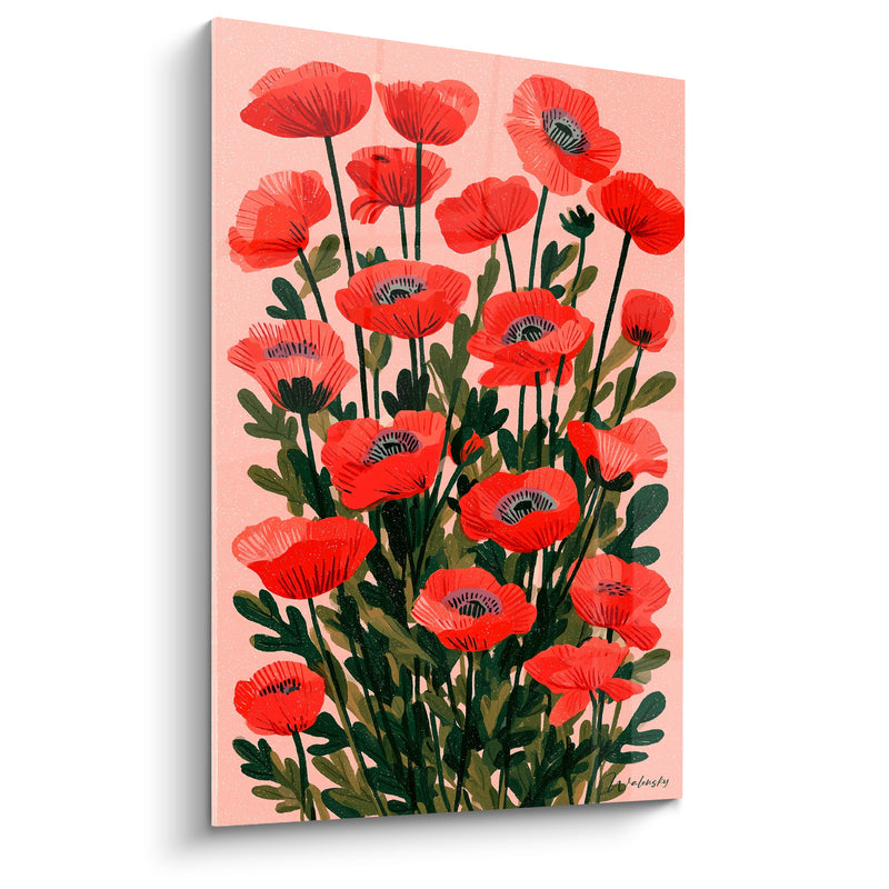Tableau Coquelicots rouges et vert foncé aux feuilles découpées - Bouquet dense illustré - Edition Coquelicot
