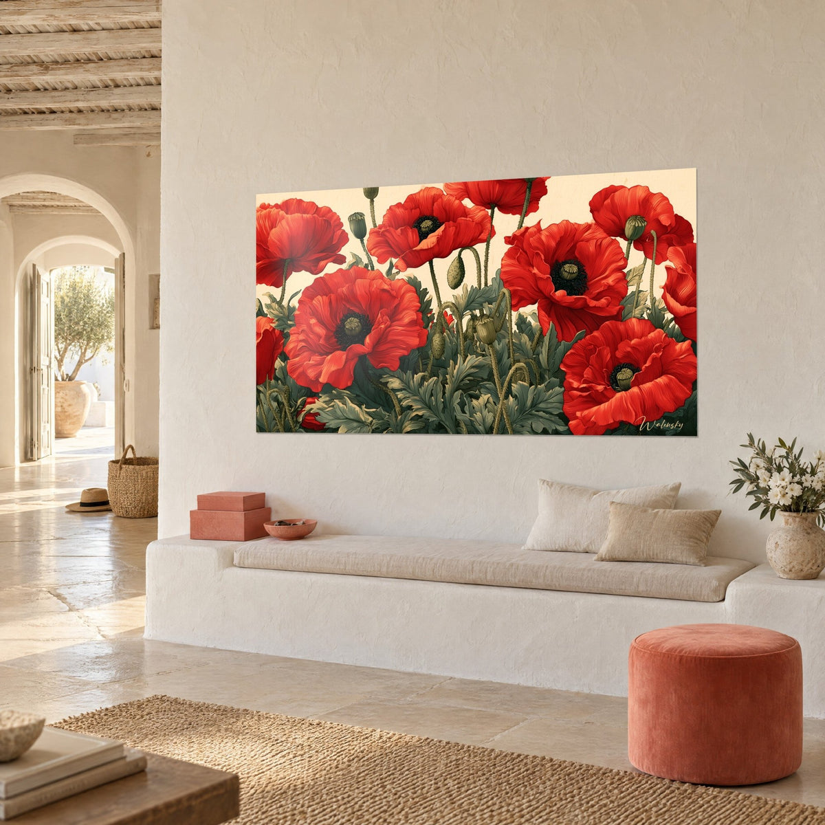 Quadro di un campo di papaveri rossi su sfondo crema, capsule verde oliva, di fronte a una panca bianca e un pouf color terracotta
