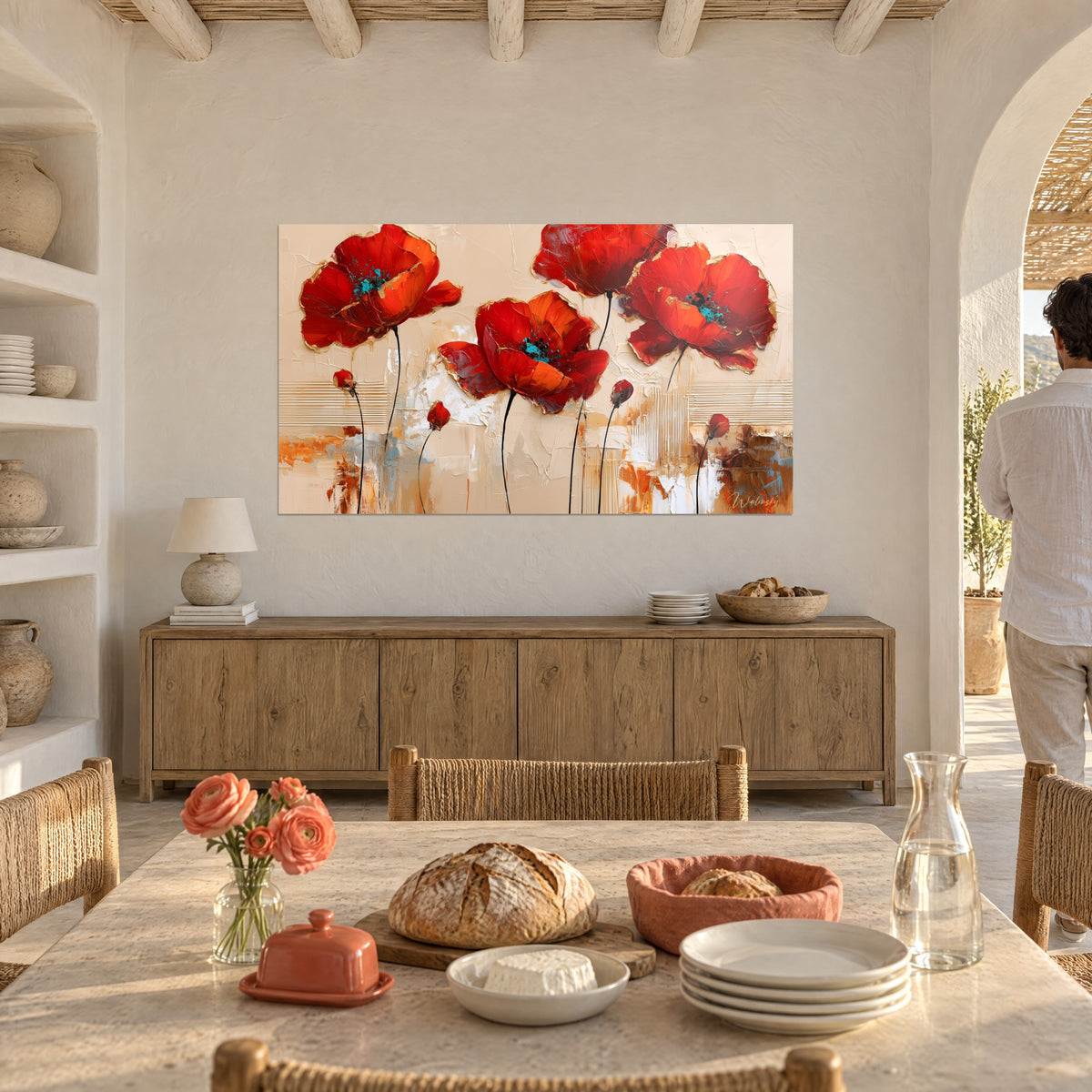 Wall art of purple and orange blooms on a cream background, palette-knife impasto, hung above a light wood sideboard