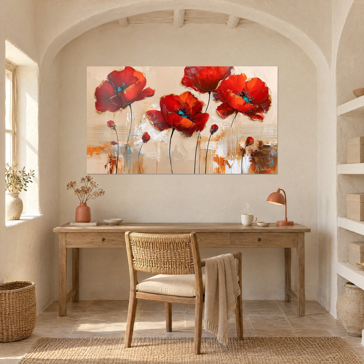 Wall art of a poppy field in vivid red and creamy beige, slender black stems, above a light wood desk beside a lamp