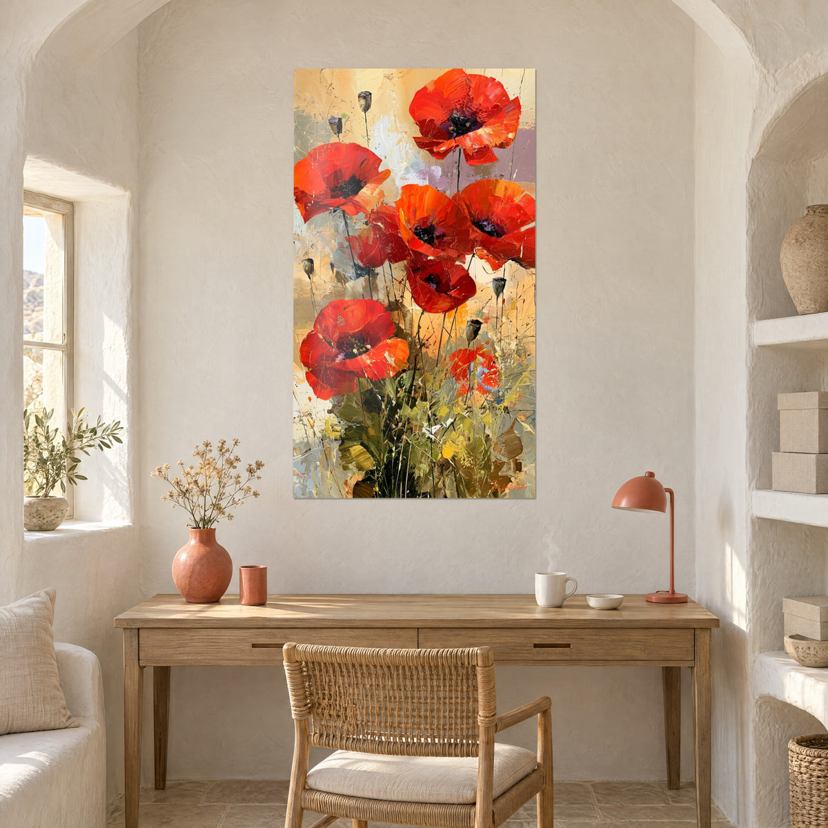 Quadro papaveri rosso carminio con cuori viola e tocchi d'ocra, appeso sopra una scrivania in legno chiaro e una lampada corallo