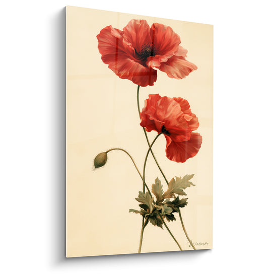 Tableau Coquelicots rouges et crème au bouton velu - Tiges entrecroisées penchées - Edition Coquelicot