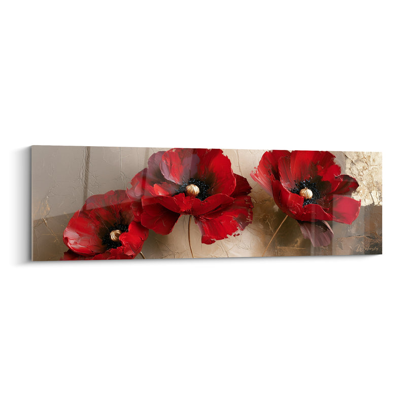 Tableau Coquelicots rouges et bruns aux cœurs dorés - Fond craquelé taupe - Edition Coquelicot