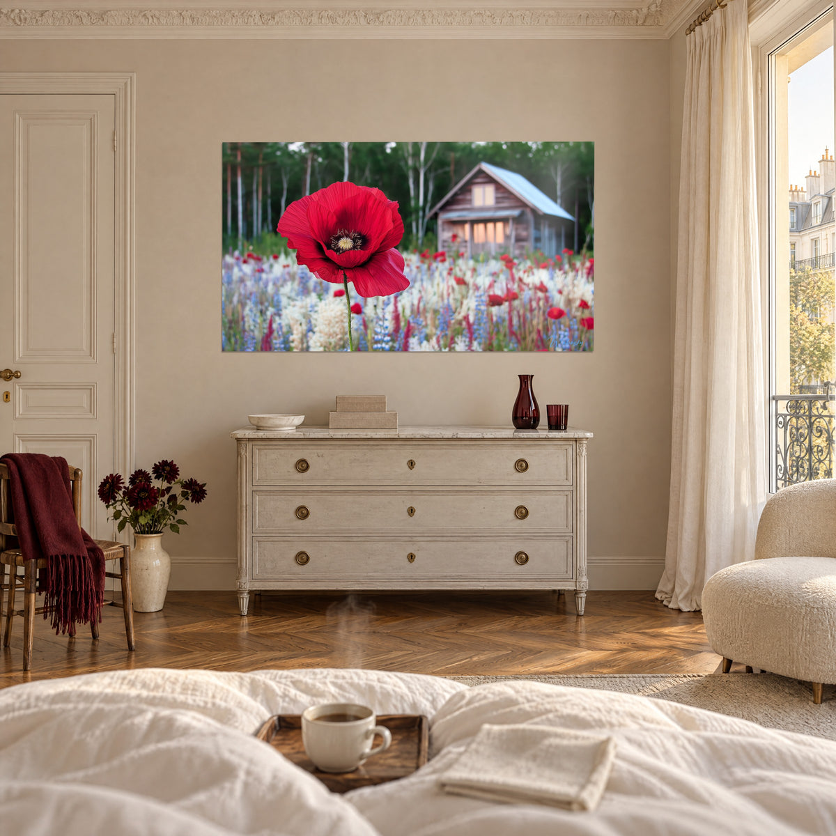 Wall art of a purple flower with crumpled petals, log cabin and white birches, hung above a bed in a bright bedroom