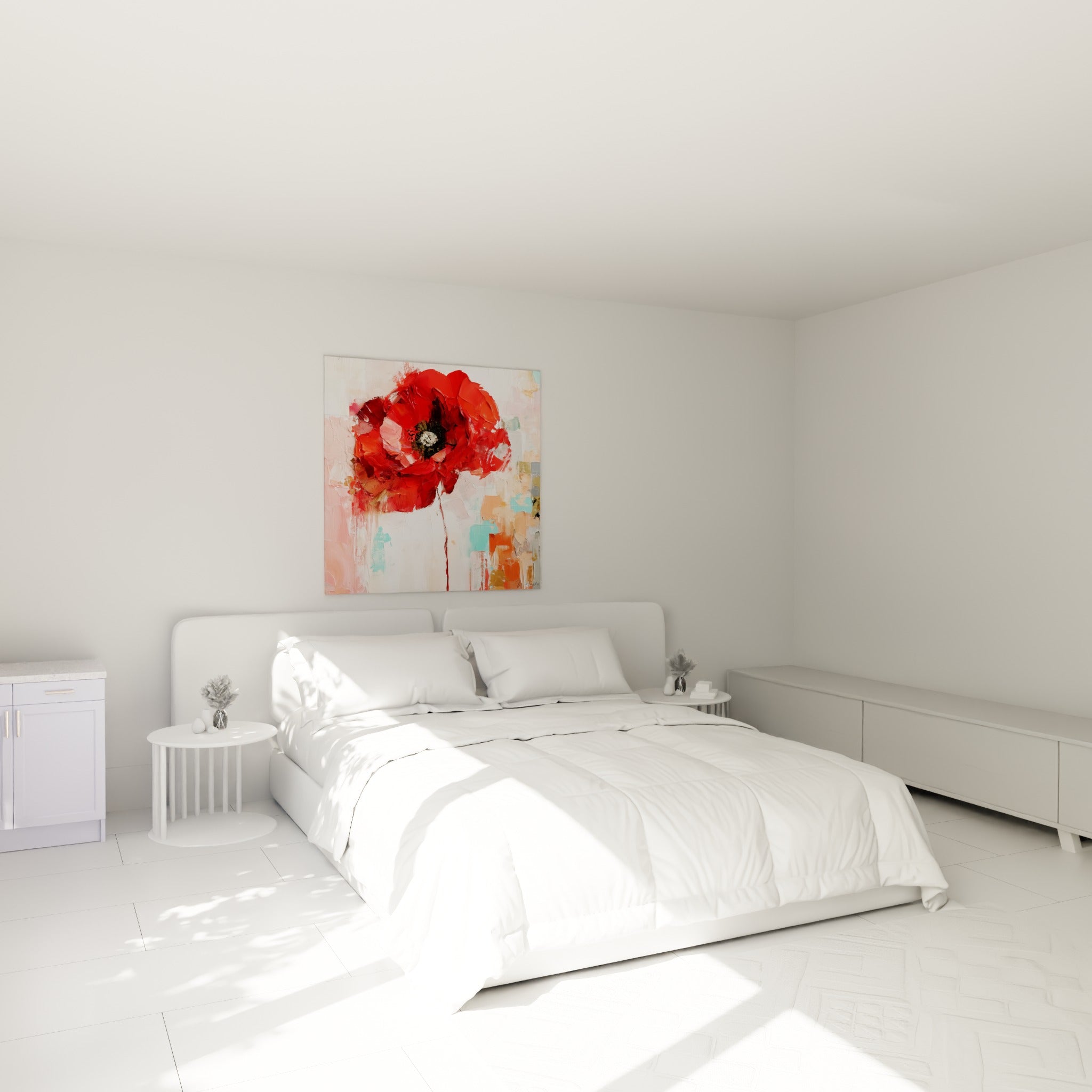 Fleur rouge sculptée à la spatule sur fond turquoise, au-dessus d'un lit dans une chambre claire