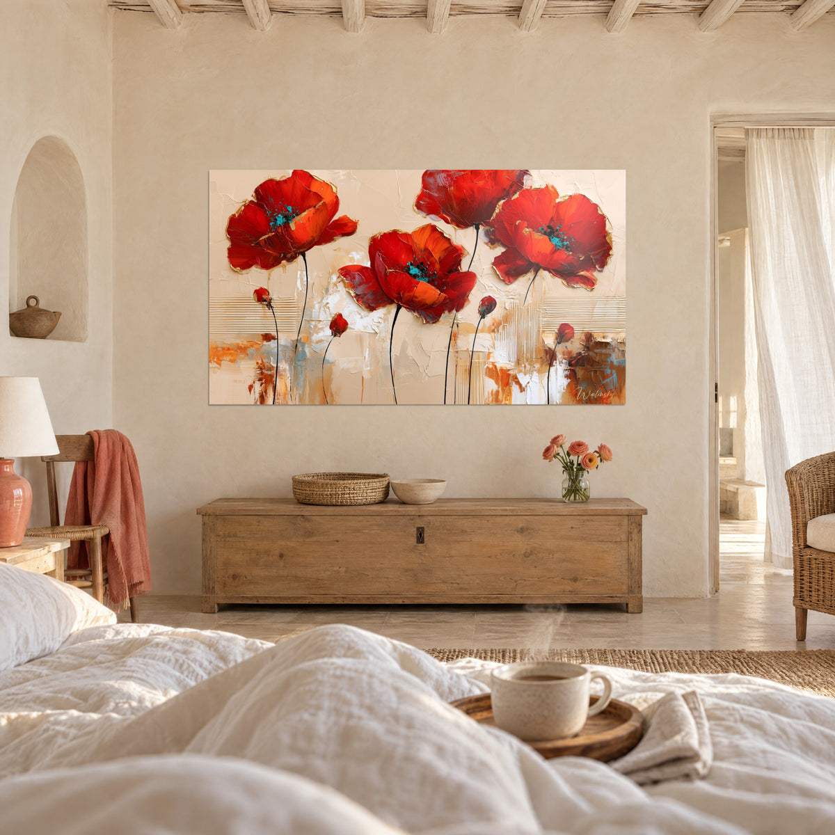 Wall art of a bouquet of carmine poppies on a sand background, turquoise hearts, gold highlights, above a bed in a bright bedroom