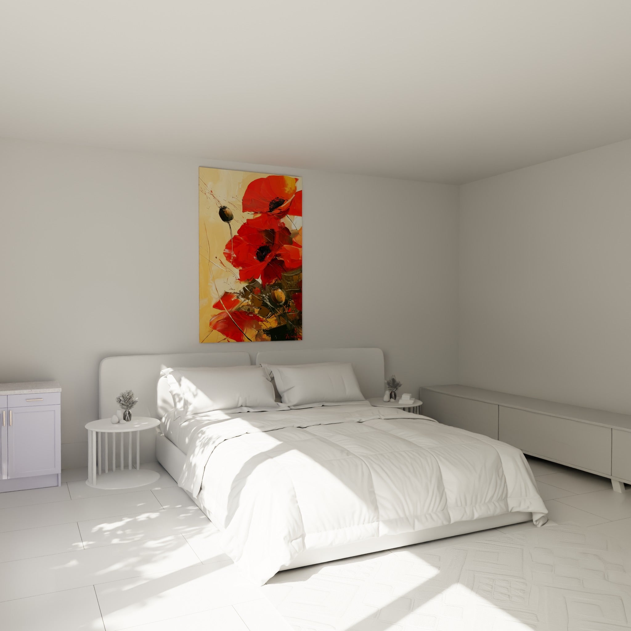 Bouquet de coquelicots rouges et orange vifs au-dessus d'un lit dans une chambre claire