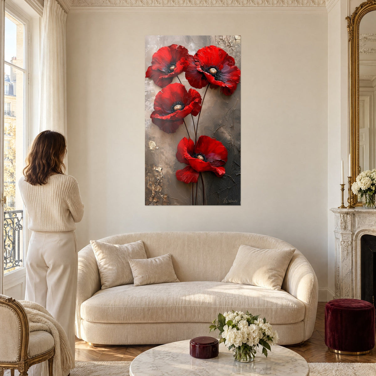 Tableau quatre coquelicots écarlates aux pétales épais sur fond taupe craquelé, une femme de dos, au-dessus d'un canapé dans un salon lumineux