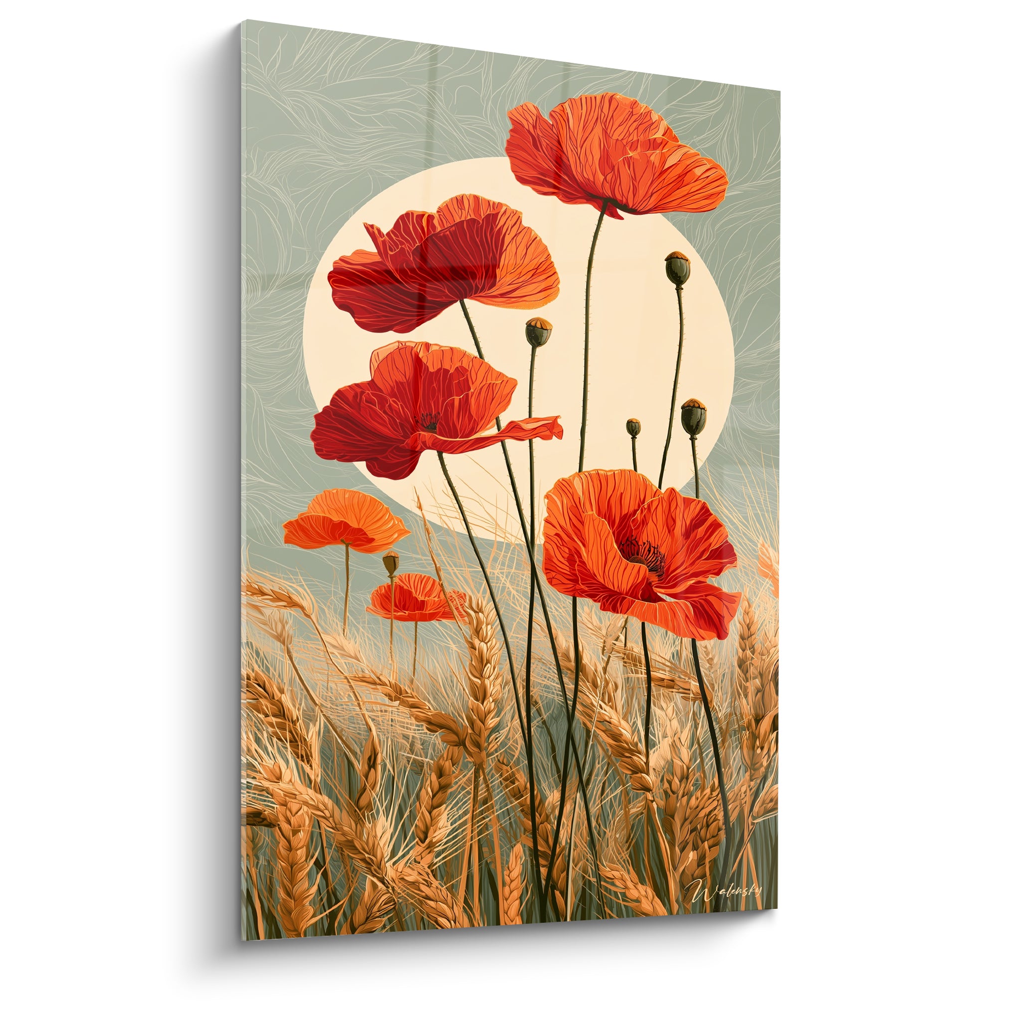 Coquelicots rouges et orangés dressés sur fond vert sauge devant un disque crème lumineux