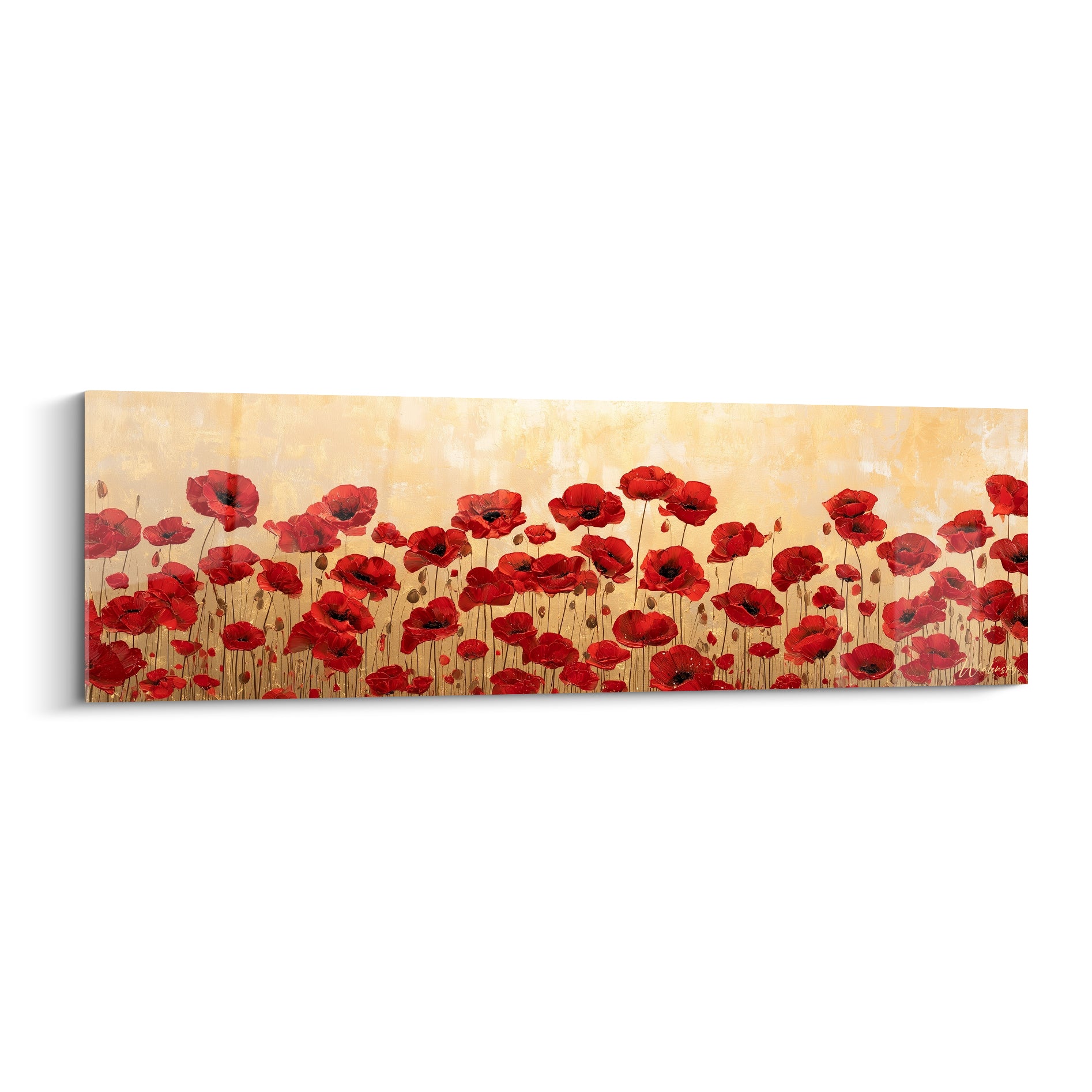 Coquelicots rouges en champ, pétales froissés, fond doré et beige, style pictural expressif