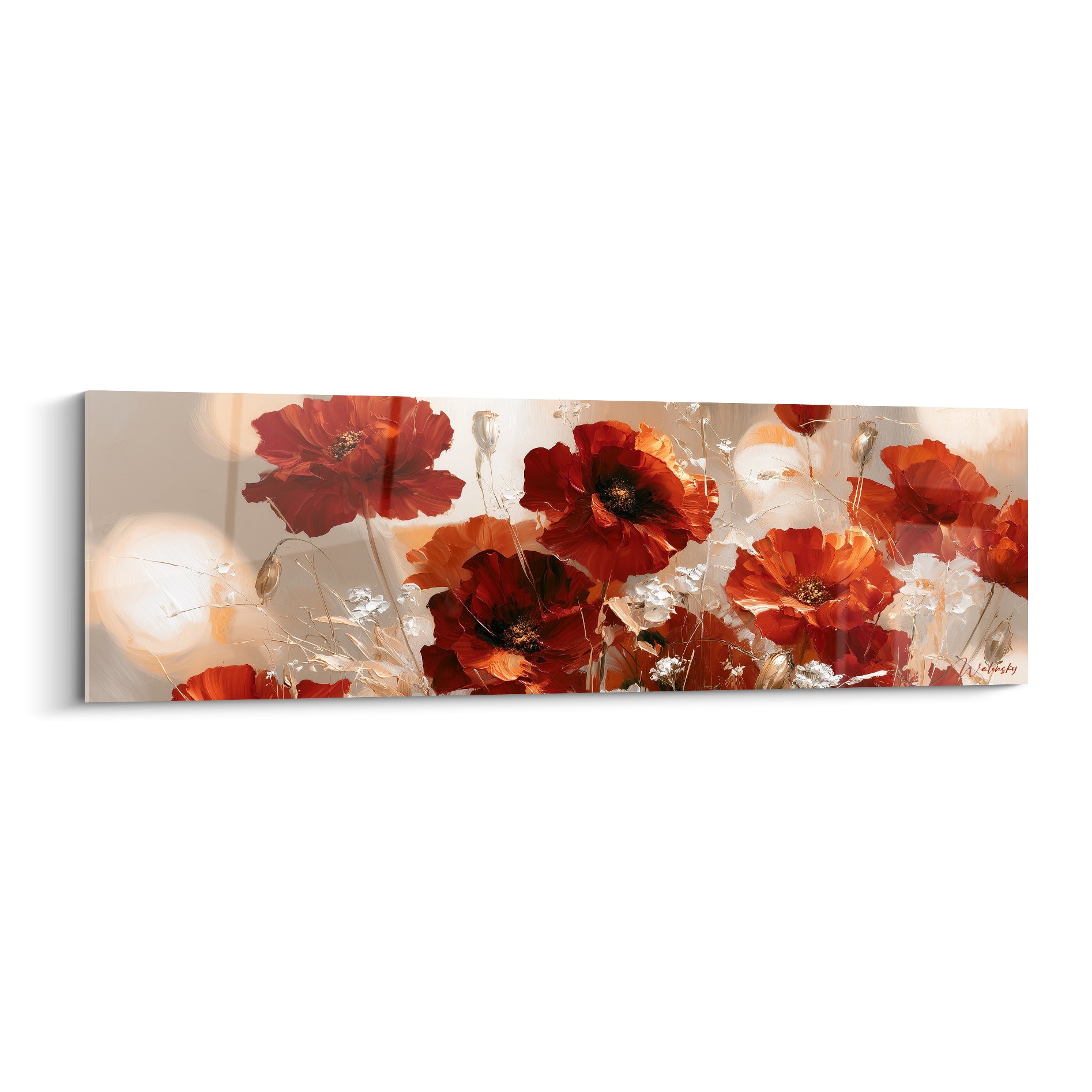 Coquelicots rouges et orangés peints sur fond beige lumineux avec effet bokeh doré à l'arrière-plan