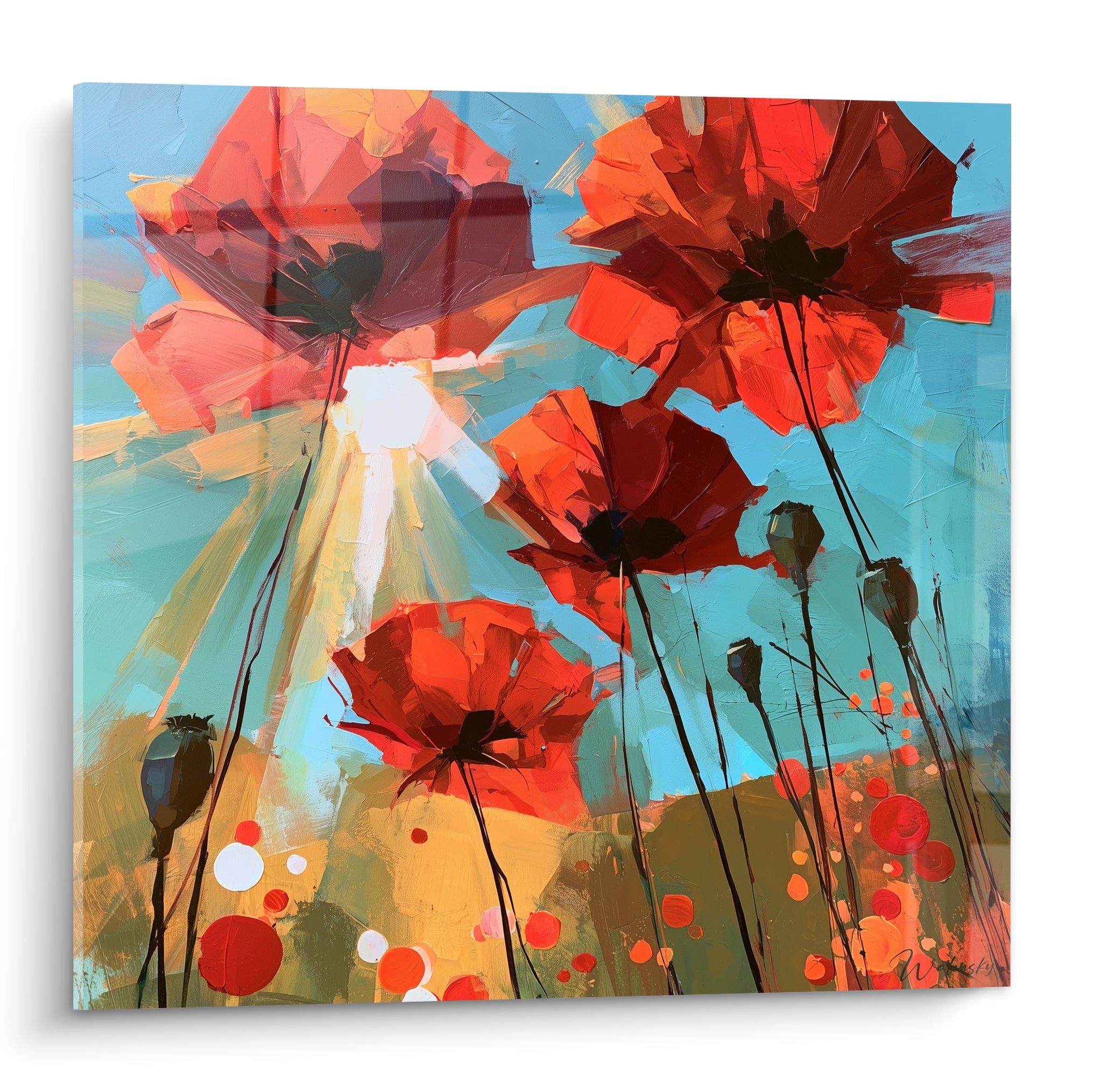 Coquelicots rouges et orange se dressant sur un fond de ciel bleu turquoise lumineux