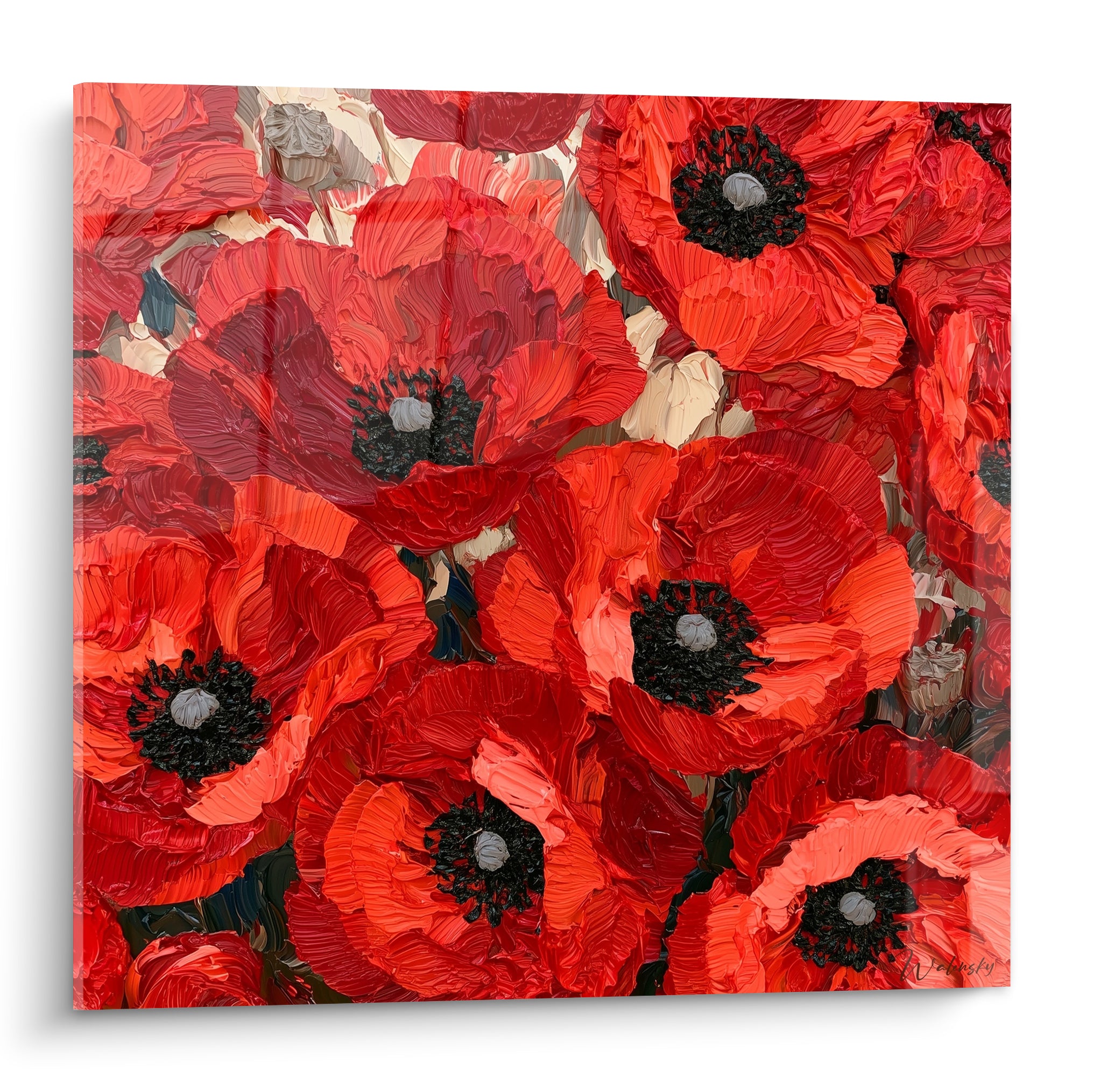 Coquelicots rouges aux cœurs noirs en gros plan, pétales texturés au couteau, fond crème discret