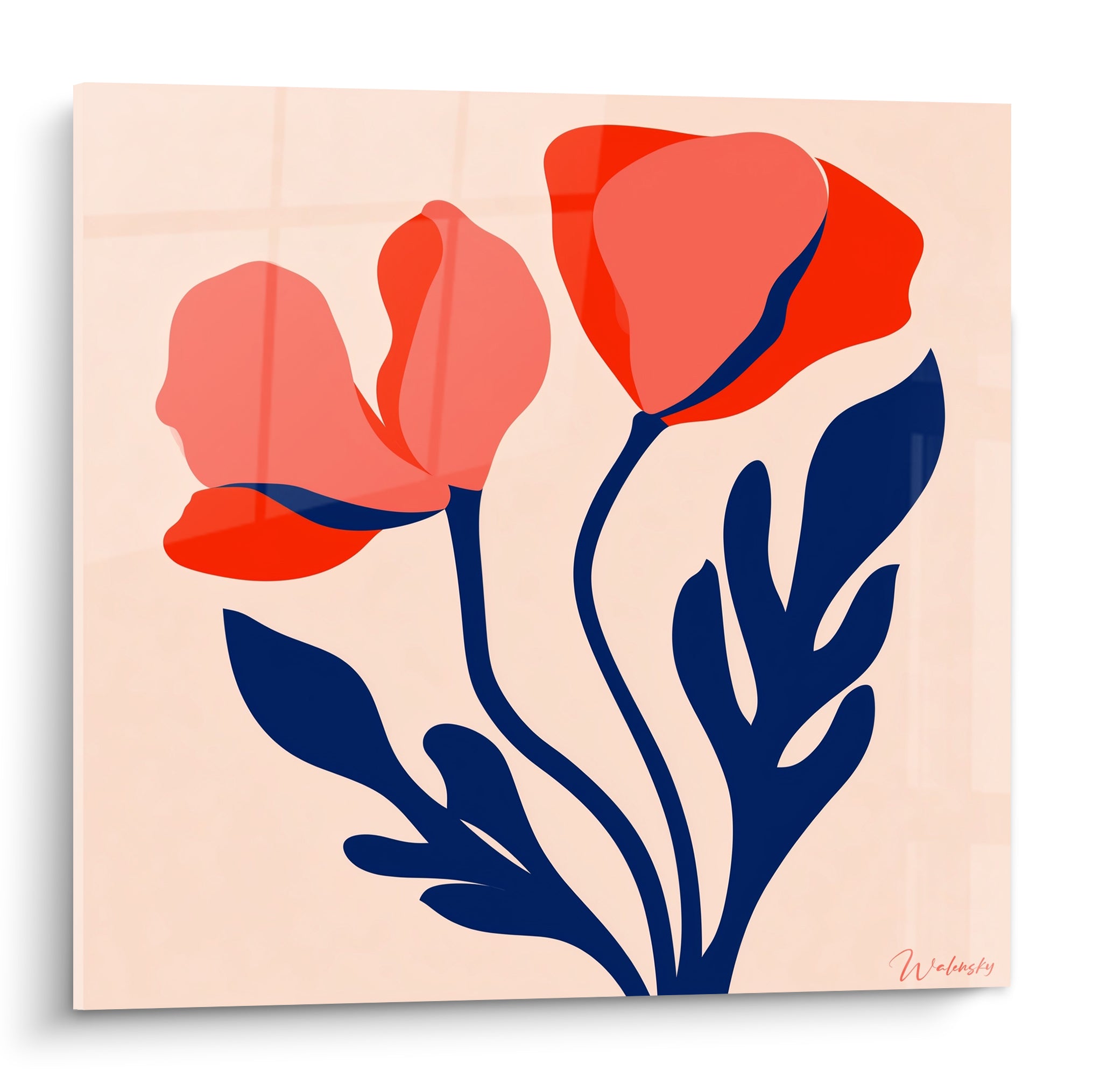 Coquelicots rouge corail aux pétales froissés se dressent sur fond pêche, tiges bleu marine sinueuses