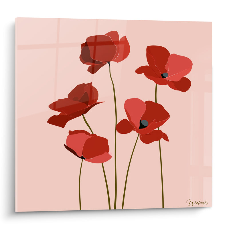 Tableau Coquelicots rouges et roses aux tiges brunes graphiques - Cœurs noirs stylisés - Edition Coquelicot
