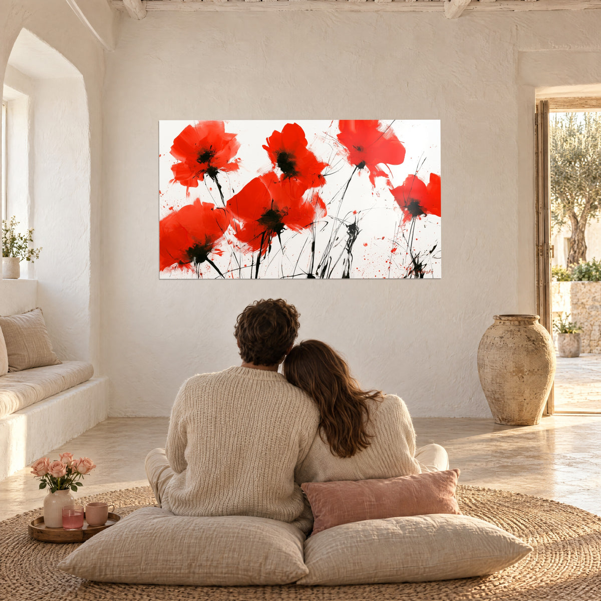 Cuadro de una floración de amapolas bermellón con pétalos vaporosos y tallos de tinta negra, pareja abrazada de espaldas sobre cojines beige, salón mediterráneo