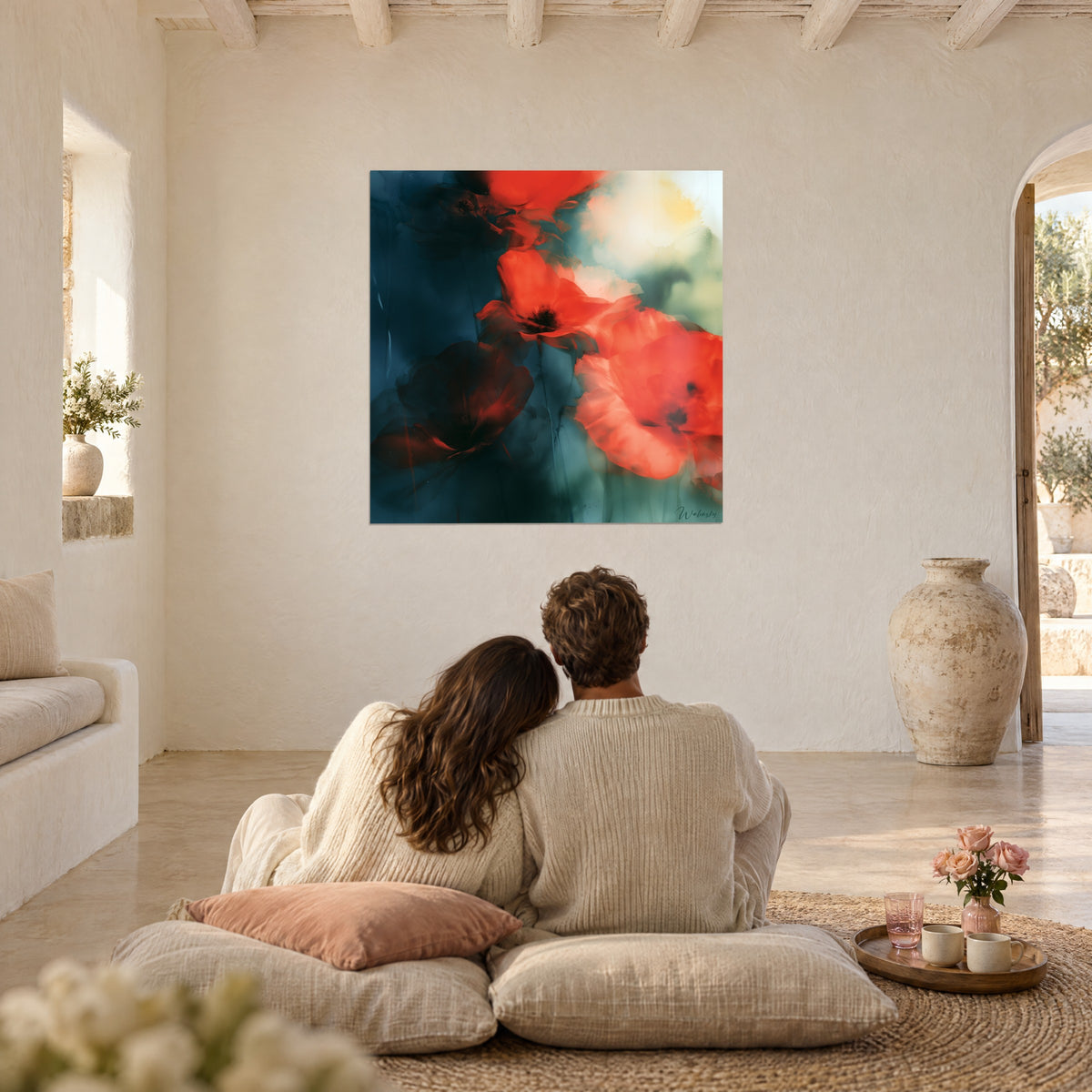 Cuadro Acuarela de flores rojo fuego sobre fondo marino, una pareja abrazada de espaldas sobre cojines, sala blanca y cerámica