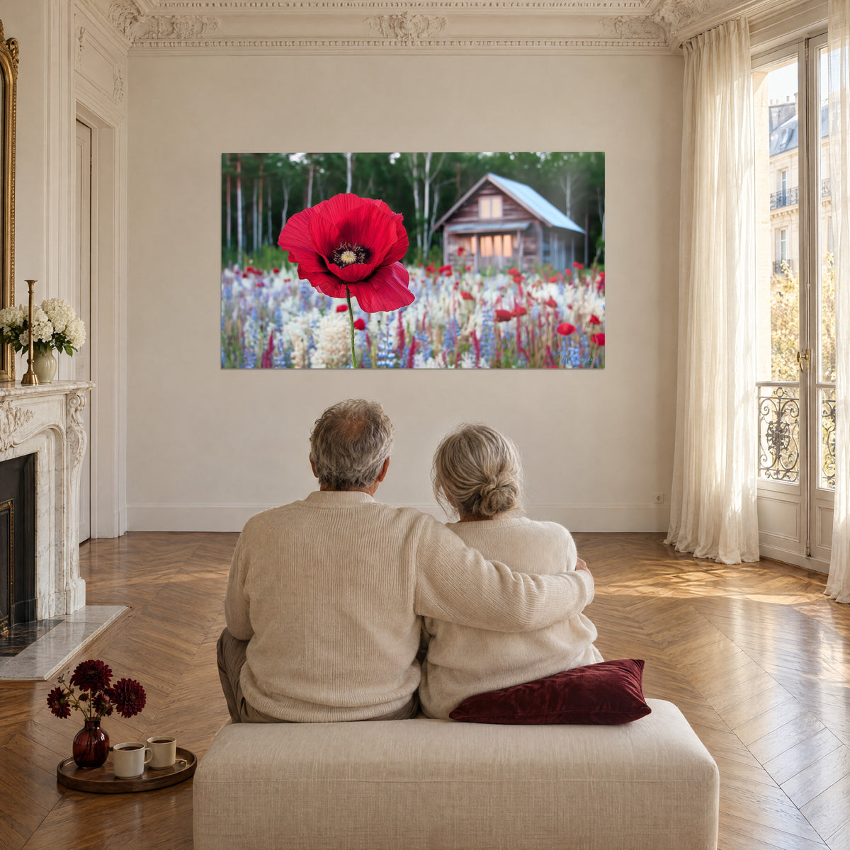 Wall art of a vivid red wildflower and grey wood, chalet beneath birches, elderly couple seen from behind embracing on a pouf, large Haussmann-style living room