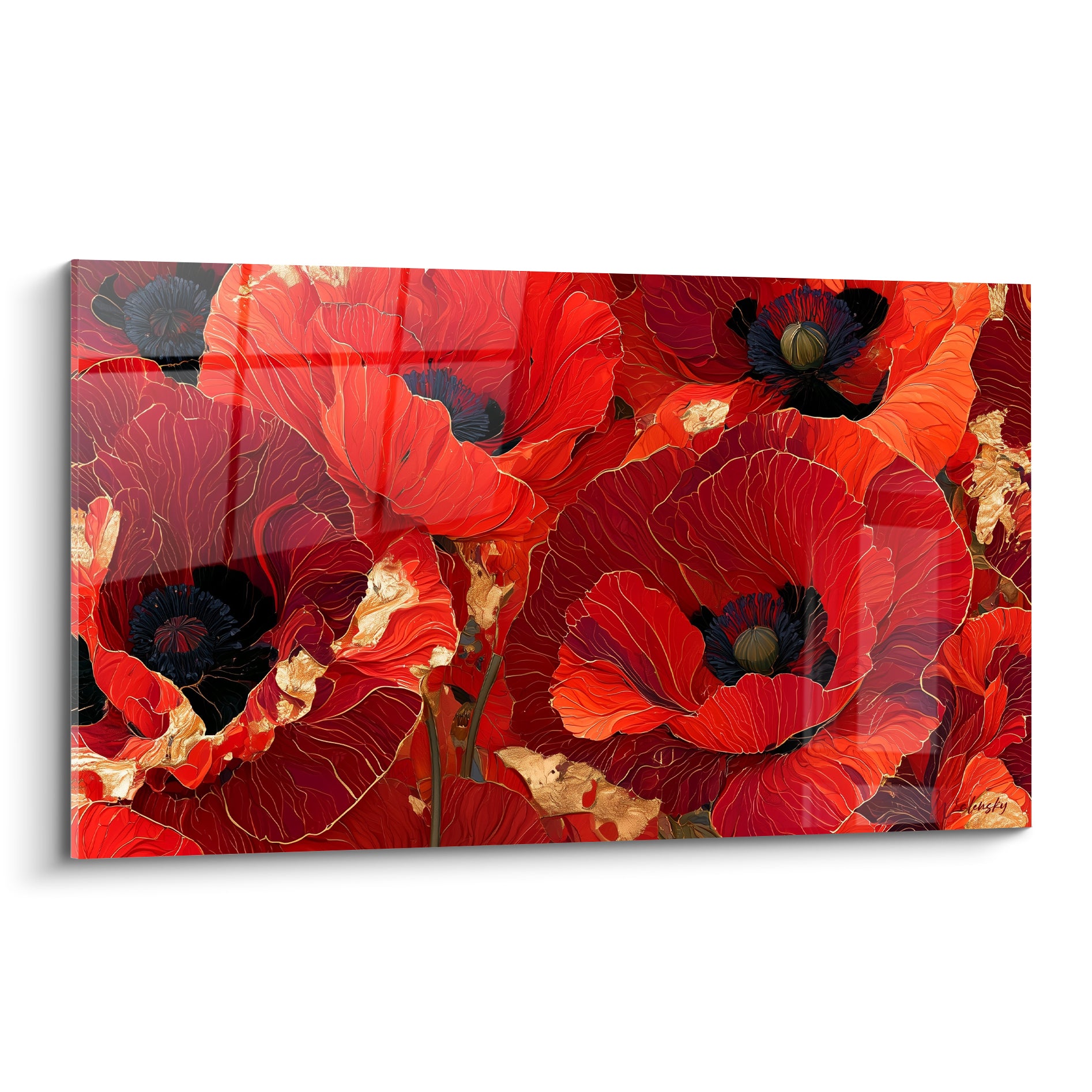 Coquelicots rouges aux nervures dorées et cœurs anthracite en pleine floraison stylisée