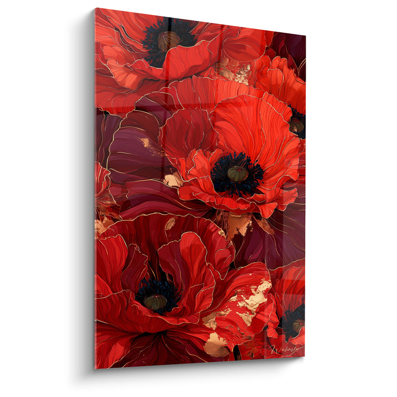 Tableau Coquelicots rouges et dorés aux nervures fines dessinées - Éclats de feuille d'or - Edition Coquelicot