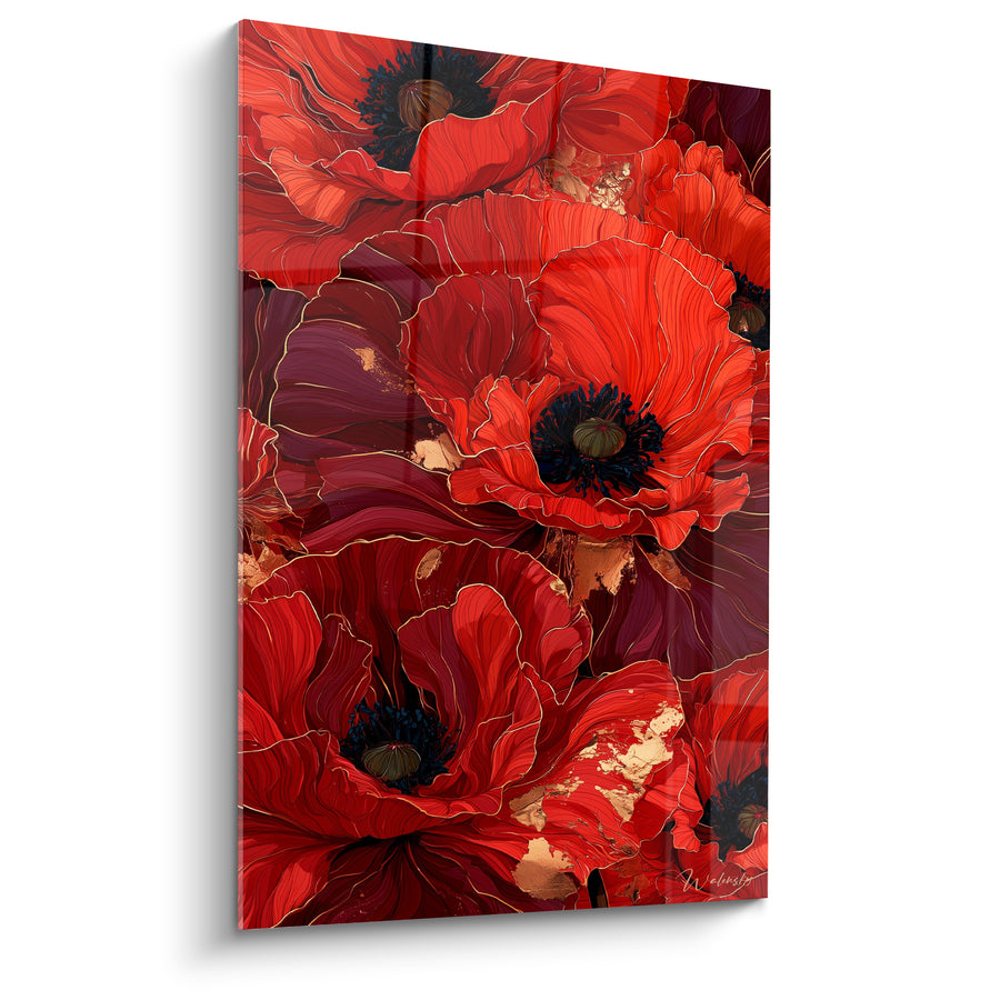 Rotgoldene Mohnblumen-Leinwand mit feinen Linienzeichnungen - Blattgoldpartikel - Edition Mohn