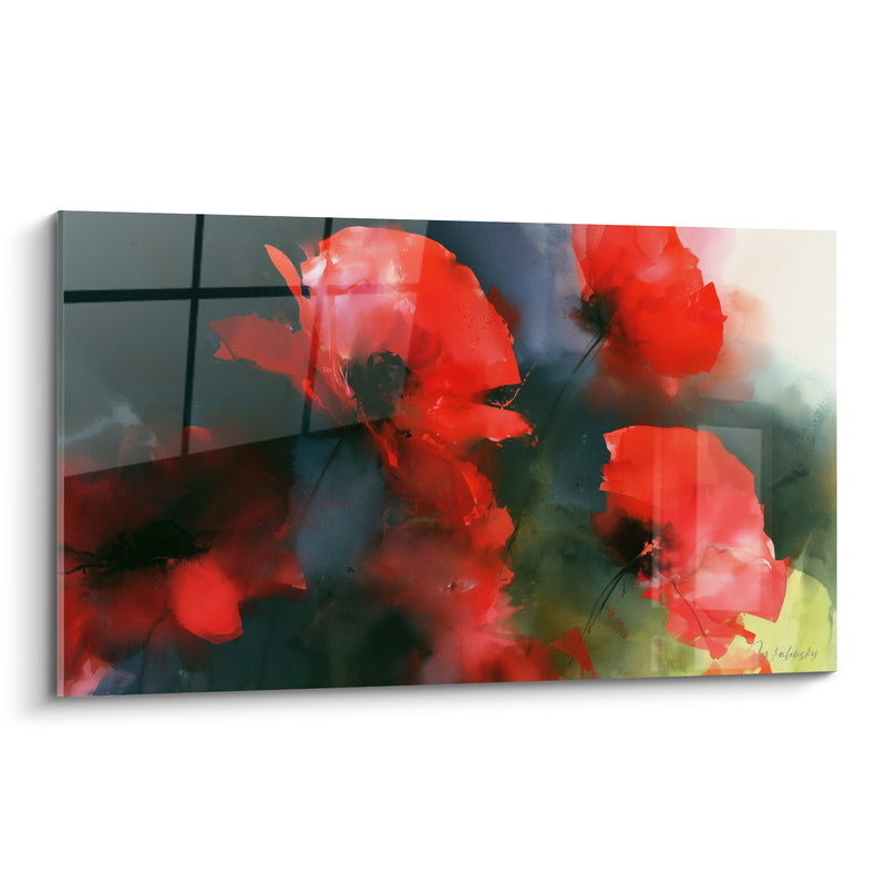 Tableau Coquelicots rouges et fond ardoise près d'une vitre quadrillée - Reflet de fenêtre - Edition Coquelicot