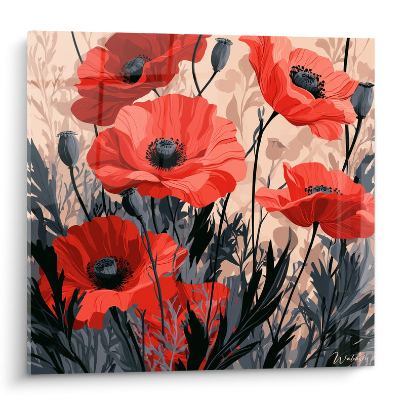 Tableau Coquelicots rouges aux tiges anthracite - Danse des pétales - Edition Coquelicot