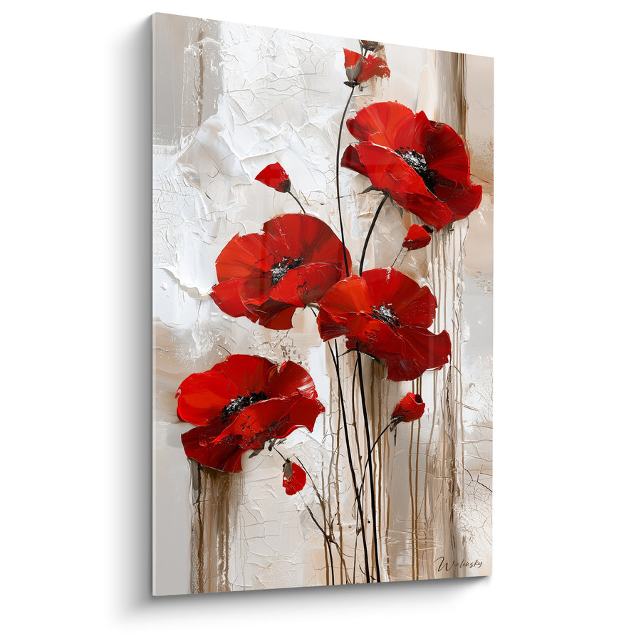 Rot-Weißes Mohnblumenbild mit vertikalen beigen Ausläufern - Ölkratzer und Risse - Edition Mohnblume