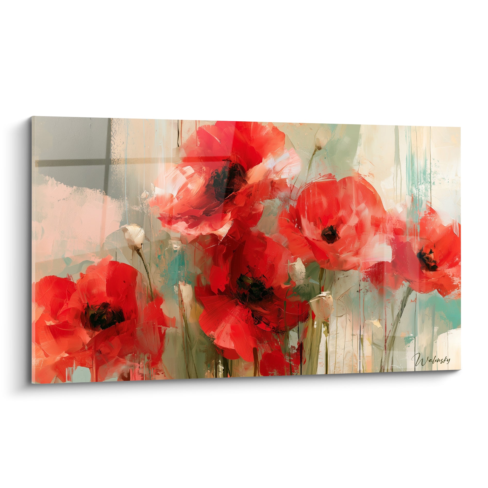 Coquelicots rouges aux cœurs sombres peints sur fond vert sauge et beige texturé