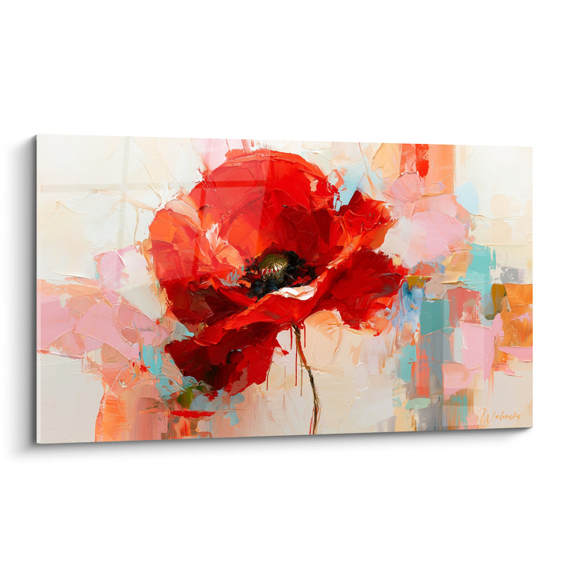 Tableau Coquelicot rouge et turquoise au fond mosaïque - Cœur noir central - Edition Coquelicot