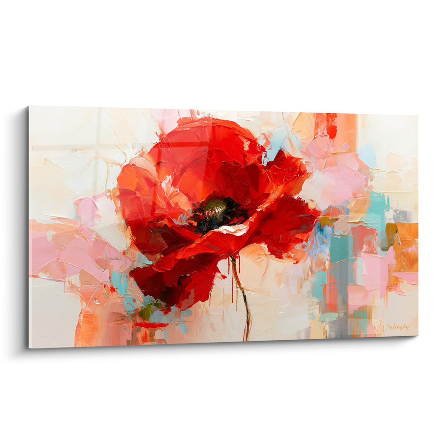 Tableau Coquelicot rouge et turquoise au fond mosaïque - Cœur noir central - Edition Coquelicot