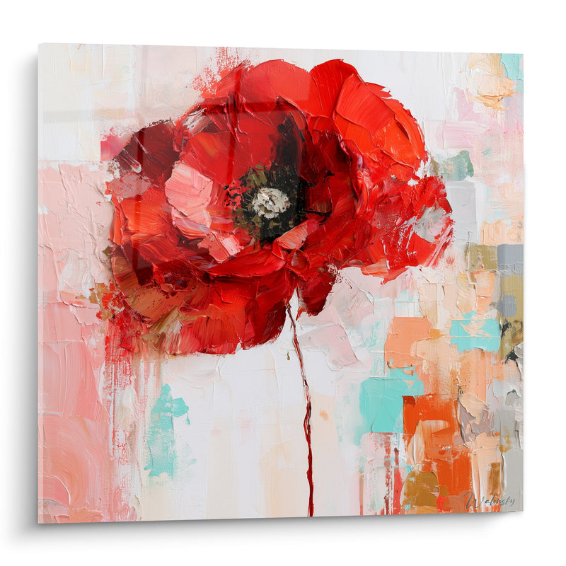 Tableau Coquelicot rouge sur fond pastel texturé - Éphémère éclosion - Edition Coquelicot