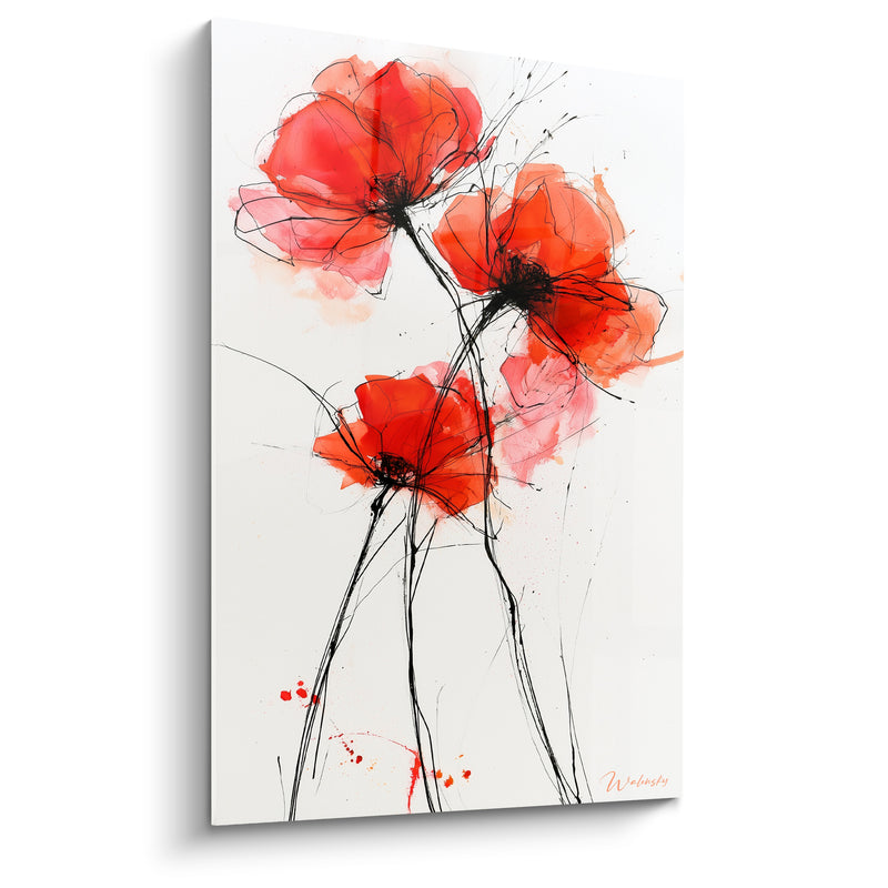 Tableau Coquelicots rouges et blancs aux éclaboussures d'encre - Tiges filiformes entrelacées - Edition Coquelicot