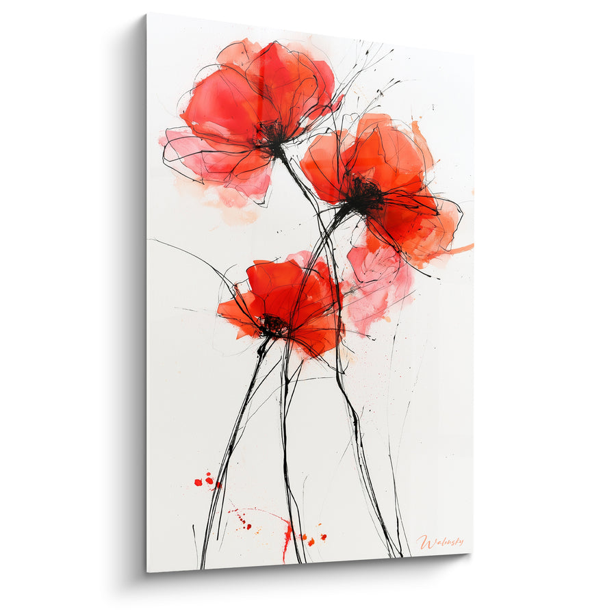 Leinwand Rote und weiße Mohnblumen mit Tintenspritzern - Fadenartige Stängel verschlungen - Edition Mohnblume