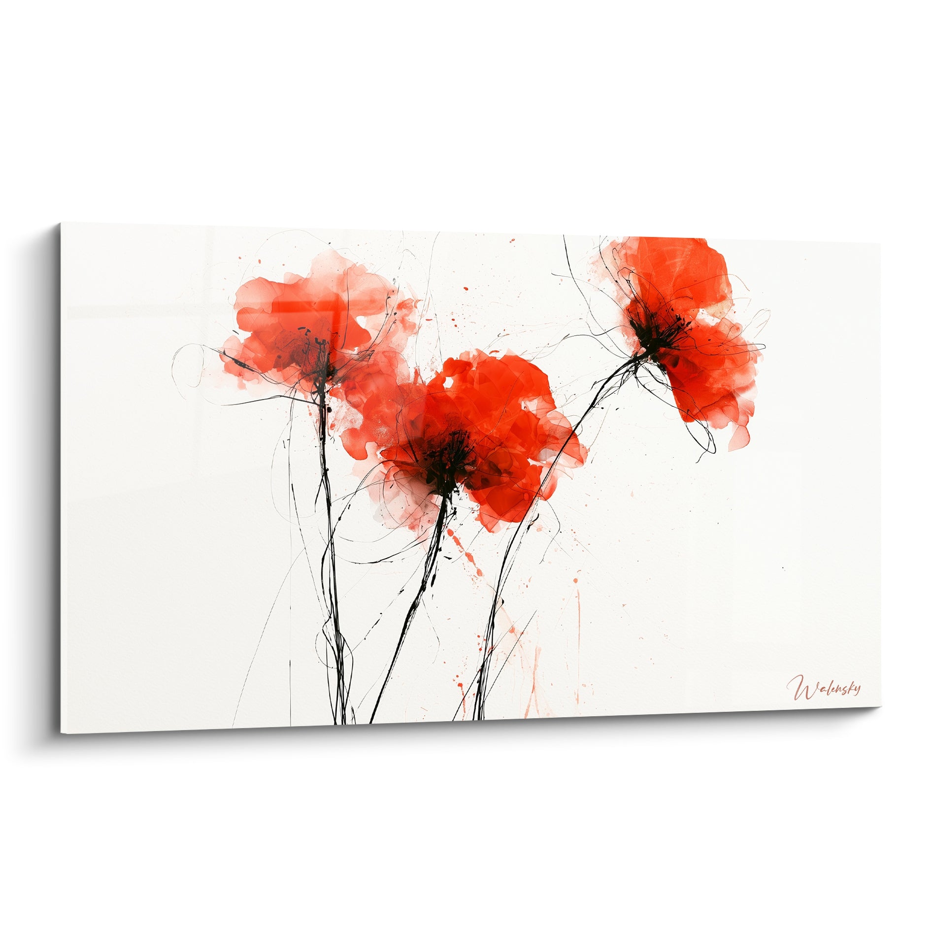 Coquelicots rouges tracés à l'encre noire sur fond blanc, composition florale aux pétales éclatés