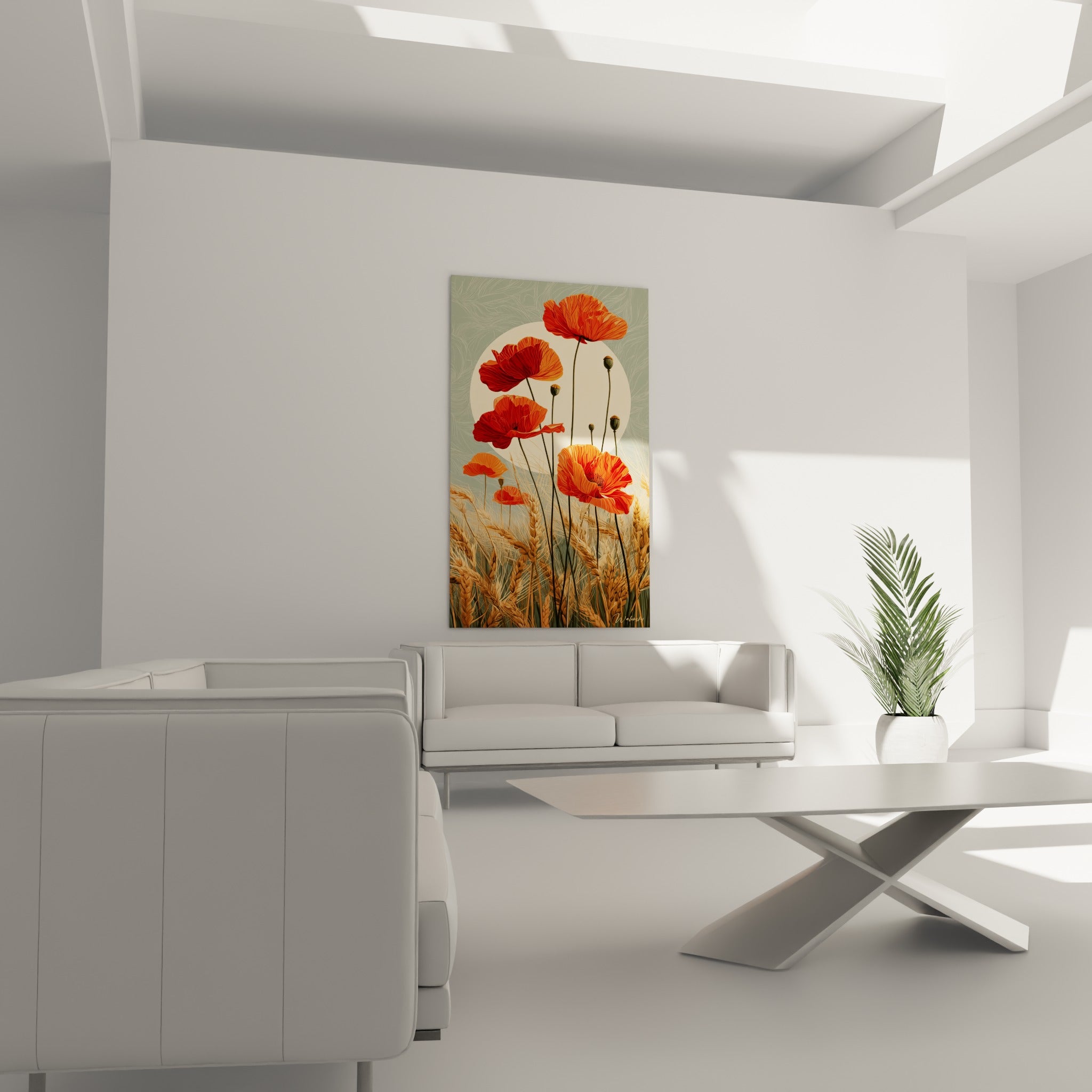 Fleurs de coquelicot rouge et ocre parmi des épis dorés au-dessus d'un canapé dans un salon lumineux