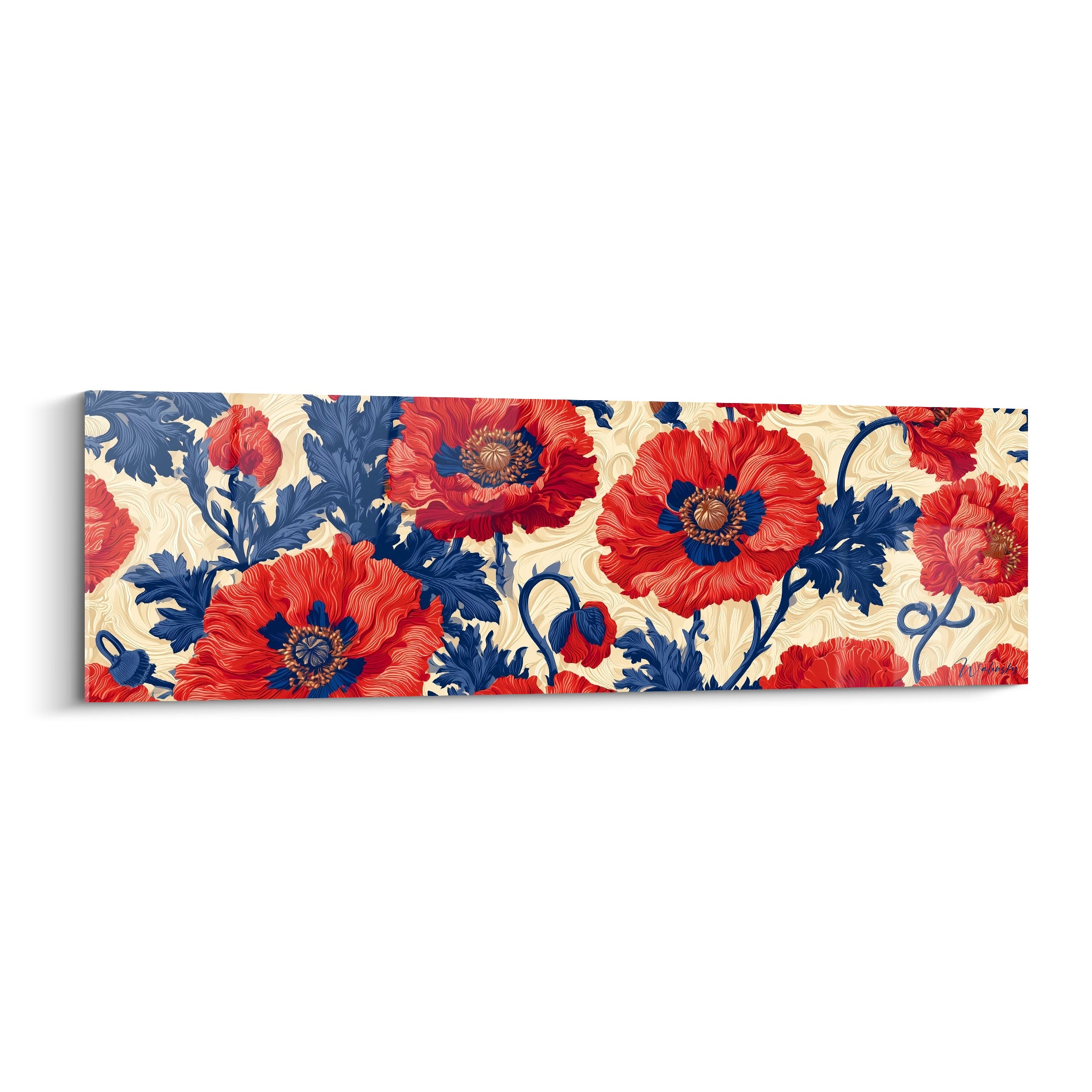 Coquelicots rouge vermillon et feuillage bleu marine sur fond ivoire ondulé, composition panoramique florale