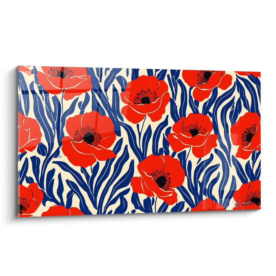Tableau Coquelicots rouges à feuillage bleu marine - Floraison éclatante - Edition Coquelicot