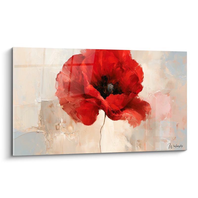Tableau Coquelicot rouge et beige à la tige unique - Empâtements à la spatule - Edition Coquelicot