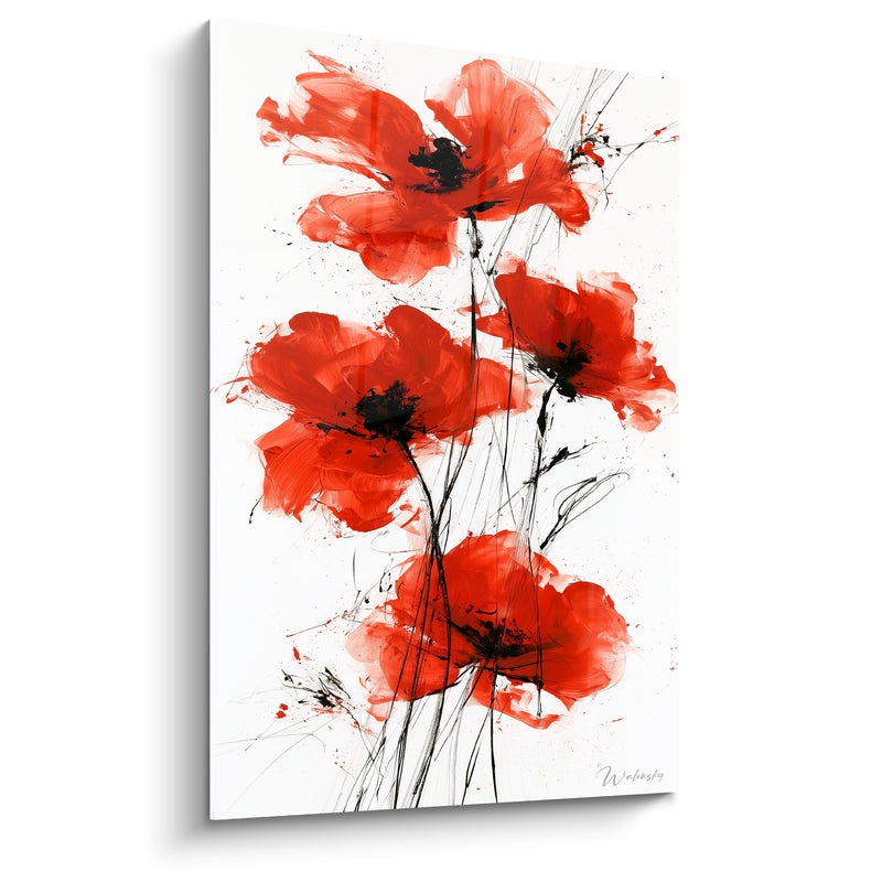 Tableau Coquelicots rouges et noirs aux tiges éclaboussées - Fond blanc lumineux - Edition Coquelicot