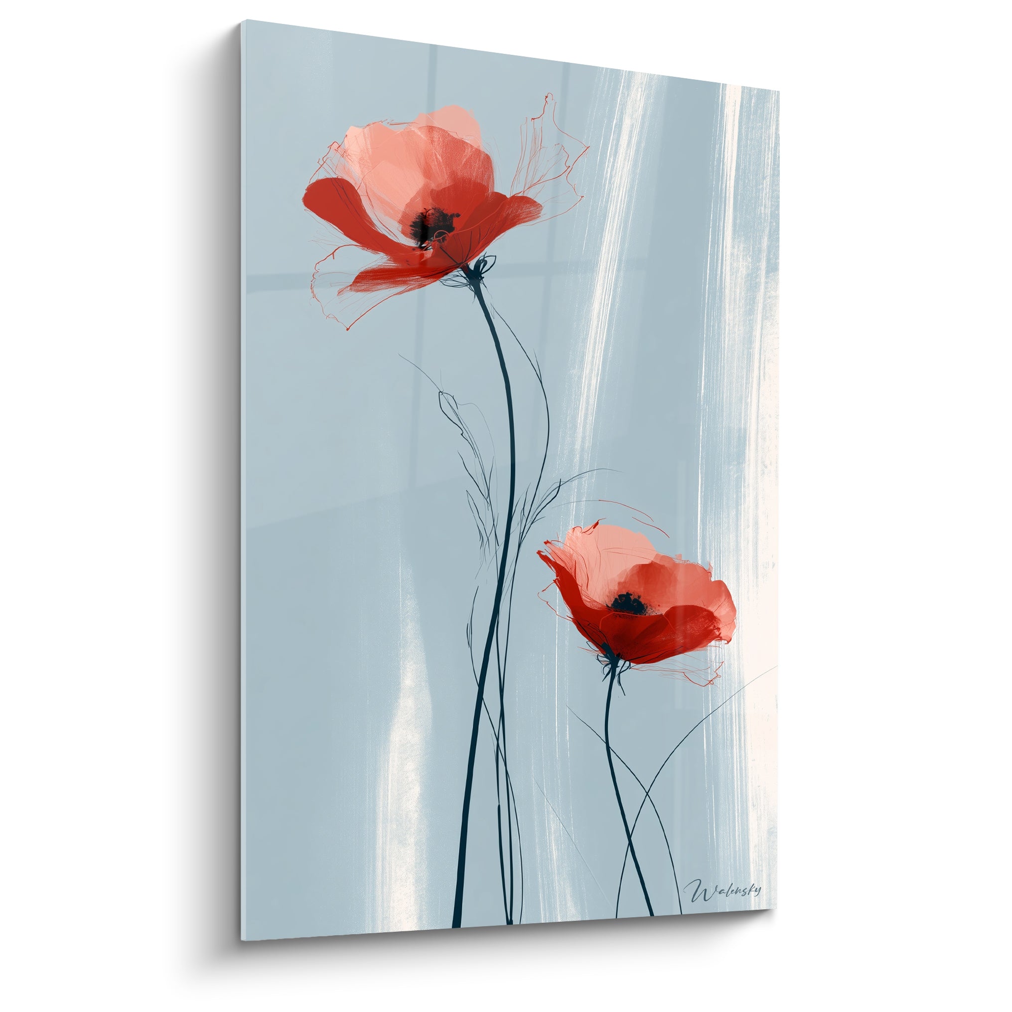 Coquelicots rouges élancés sur fond bleu ardoise strié de blanc lumineux