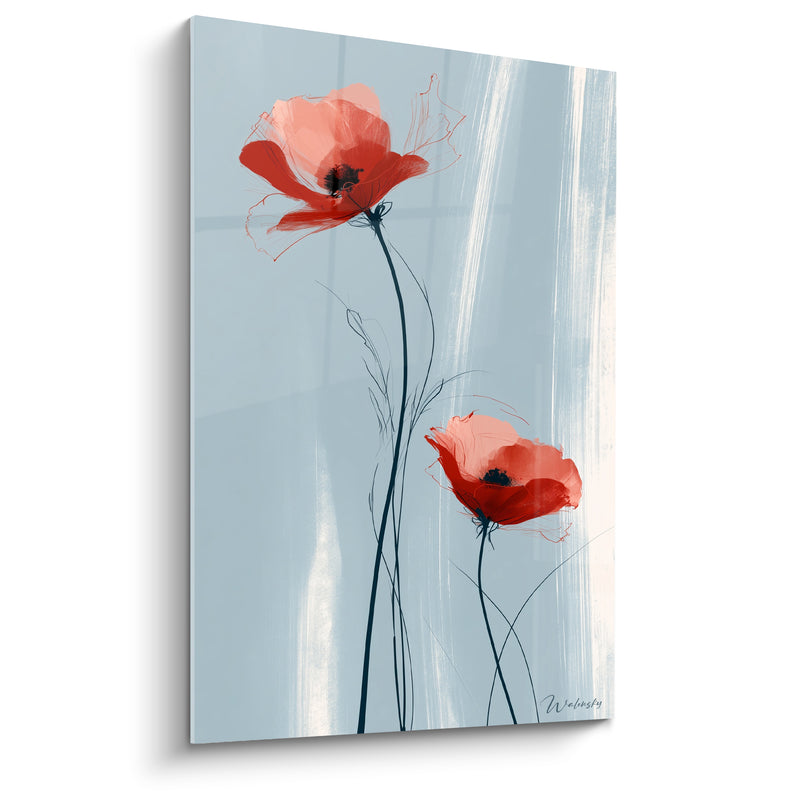 Tableau Coquelicots rouges et bleu gris balayés - Traînées blanches verticales - Edition Coquelicot