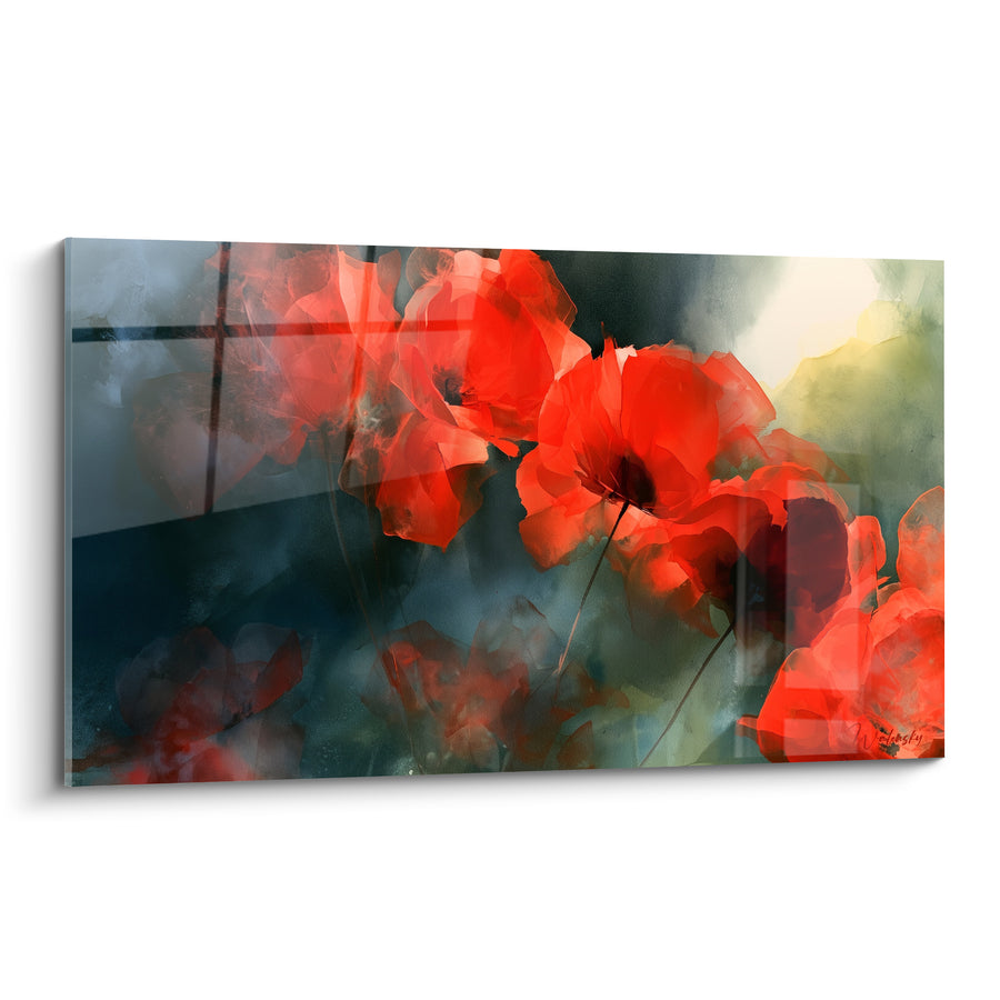 Tableau Coquelicots rouges et gris ardoise à la fenêtre vitrée - Lumière filtrée dorée - Edition Coquelicot